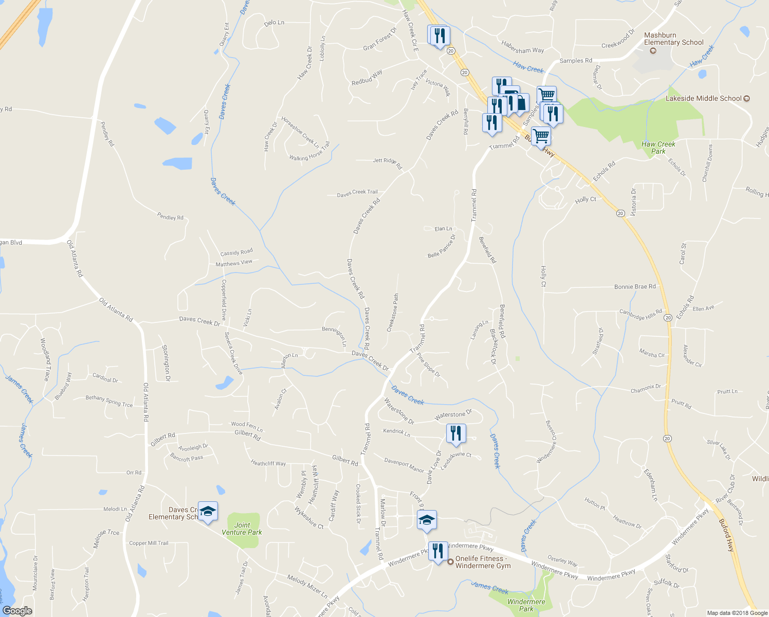 map of restaurants, bars, coffee shops, grocery stores, and more near 6247 Creekstone Path in Cumming