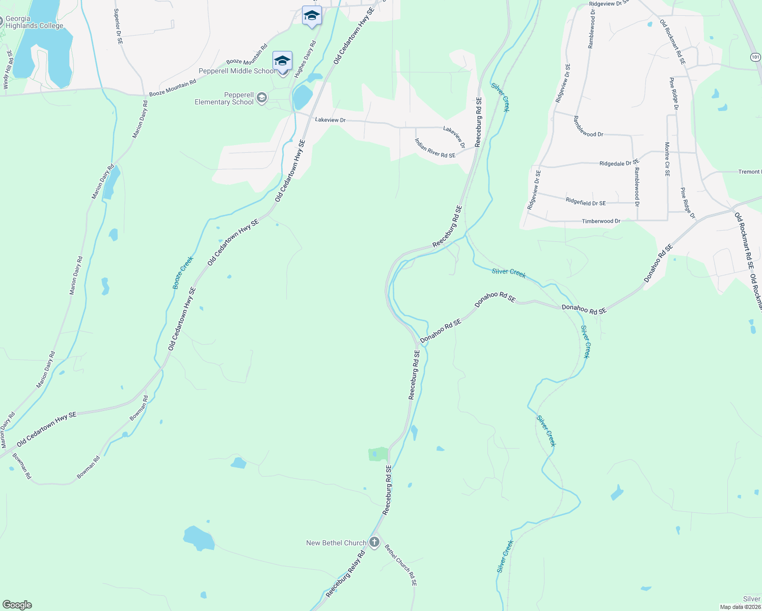 map of restaurants, bars, coffee shops, grocery stores, and more near 1126 Reeceburg Road Southeast in Silver Creek