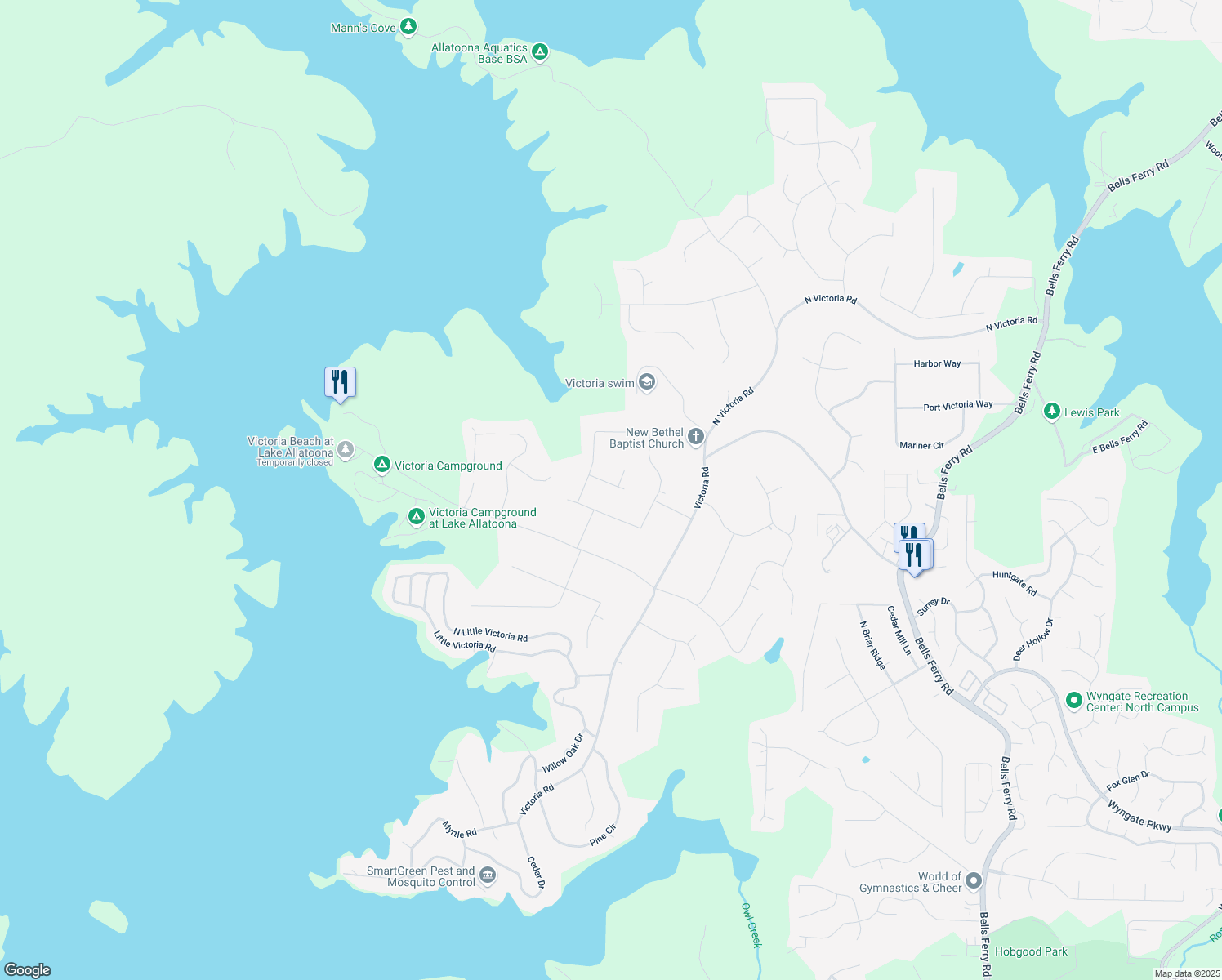 map of restaurants, bars, coffee shops, grocery stores, and more near 1208 Acorn Lane in Woodstock