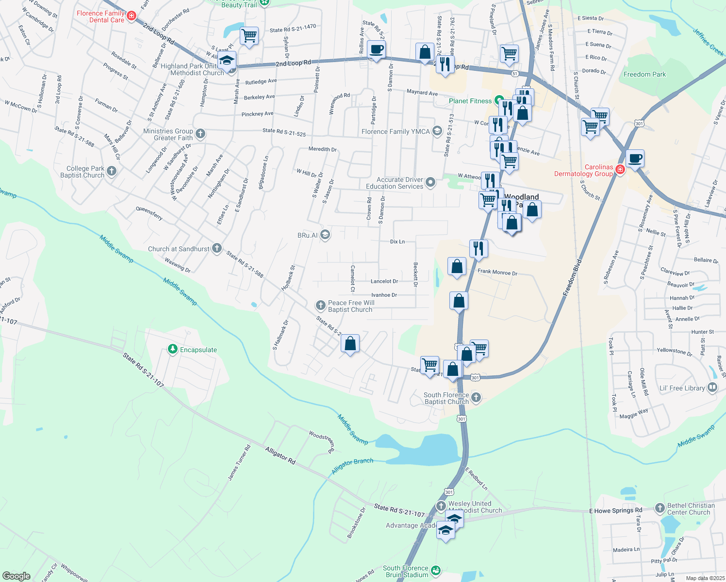 map of restaurants, bars, coffee shops, grocery stores, and more near 889 Ivanhoe Drive in Florence