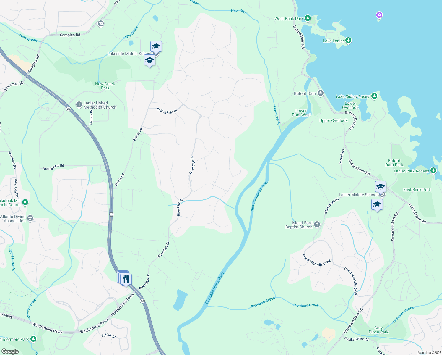 map of restaurants, bars, coffee shops, grocery stores, and more near 4050 Arrow Head Trail in Cumming