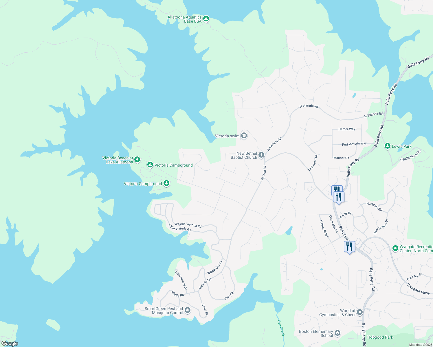 map of restaurants, bars, coffee shops, grocery stores, and more near 301 Bethel Drive in Woodstock
