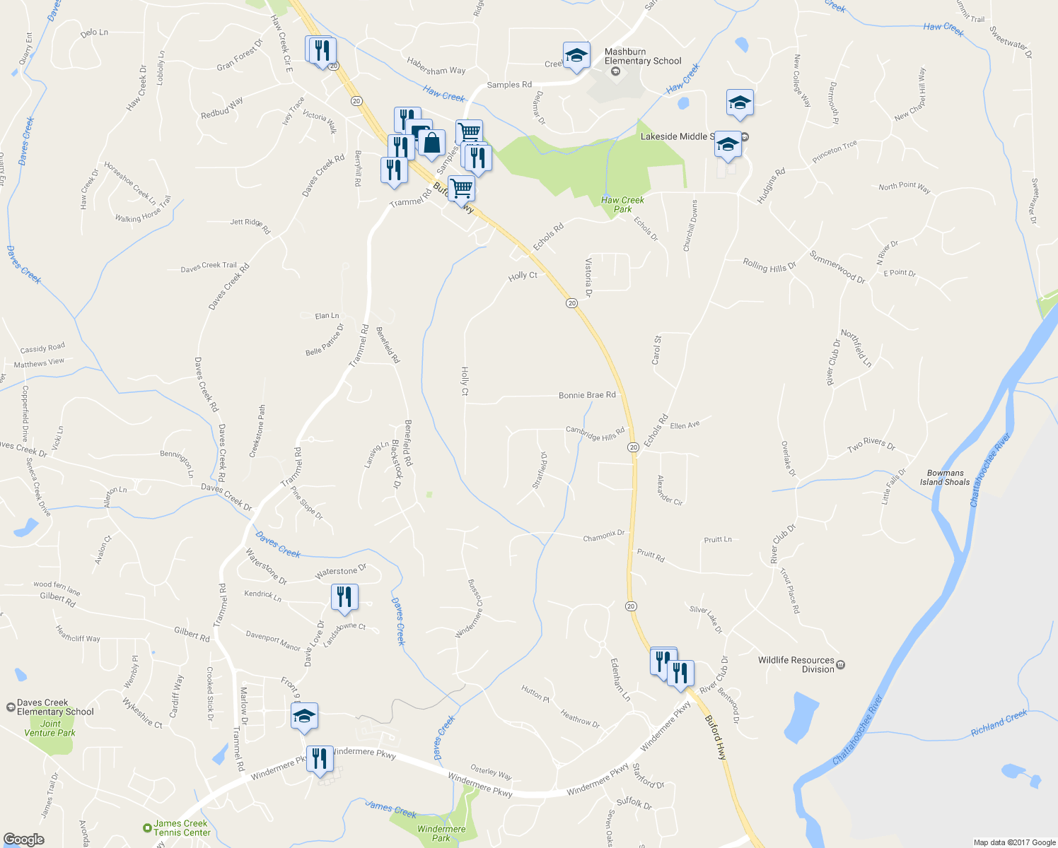 map of restaurants, bars, coffee shops, grocery stores, and more near 2620 Cambridge Hills Road in Cumming