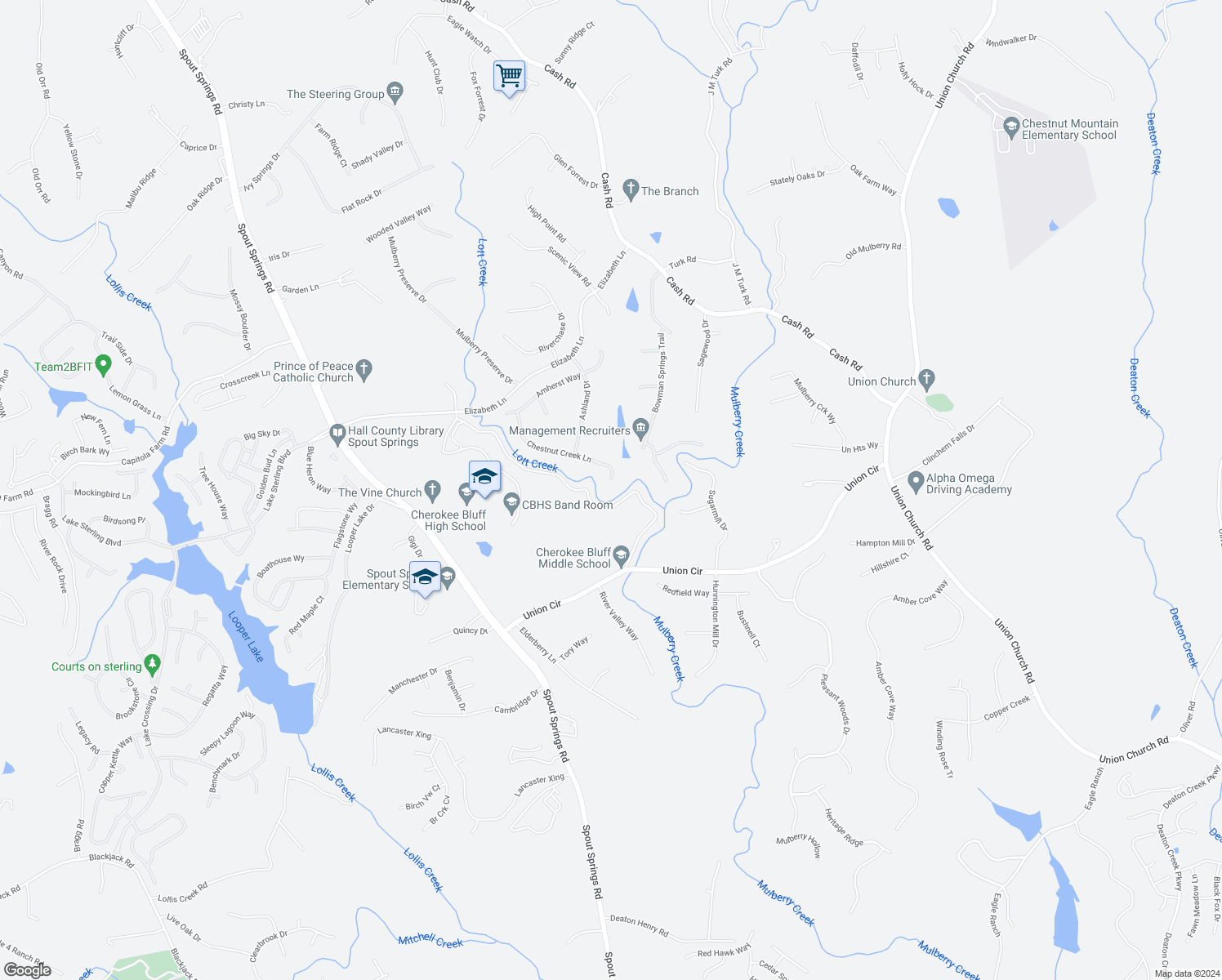 map of restaurants, bars, coffee shops, grocery stores, and more near 5599 Chestnut Creek Lane in Flowery Branch