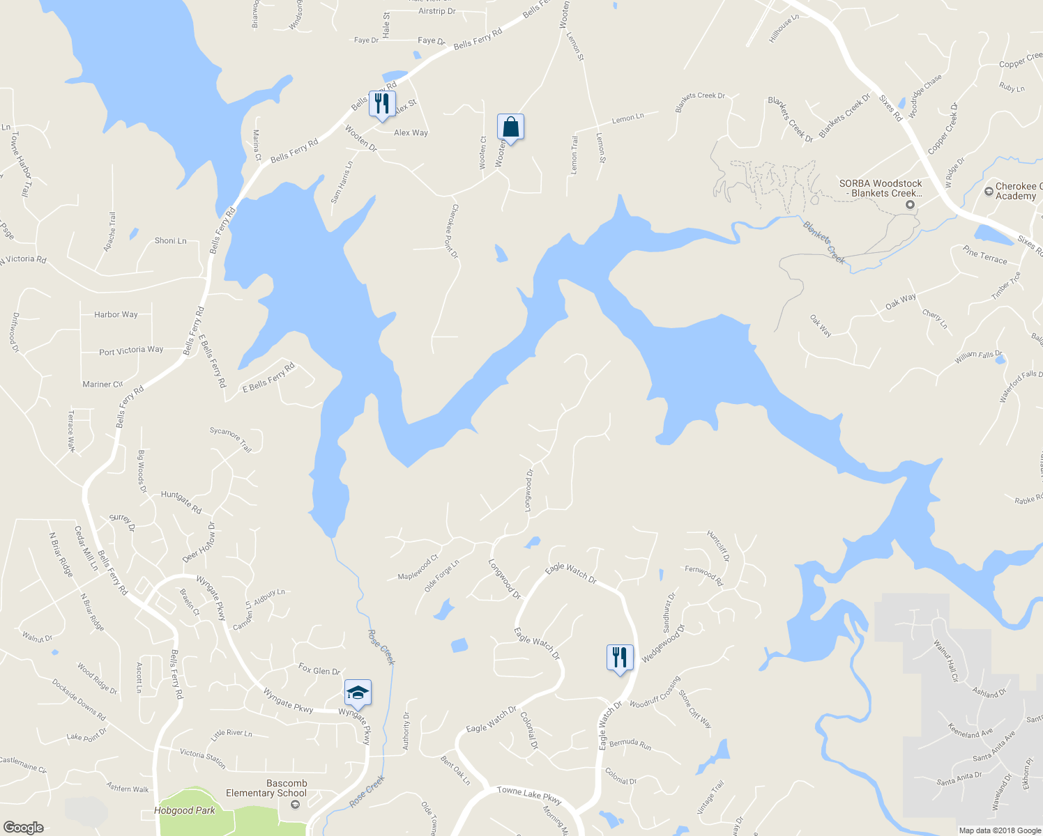 map of restaurants, bars, coffee shops, grocery stores, and more near 512 Scenic Way in Woodstock