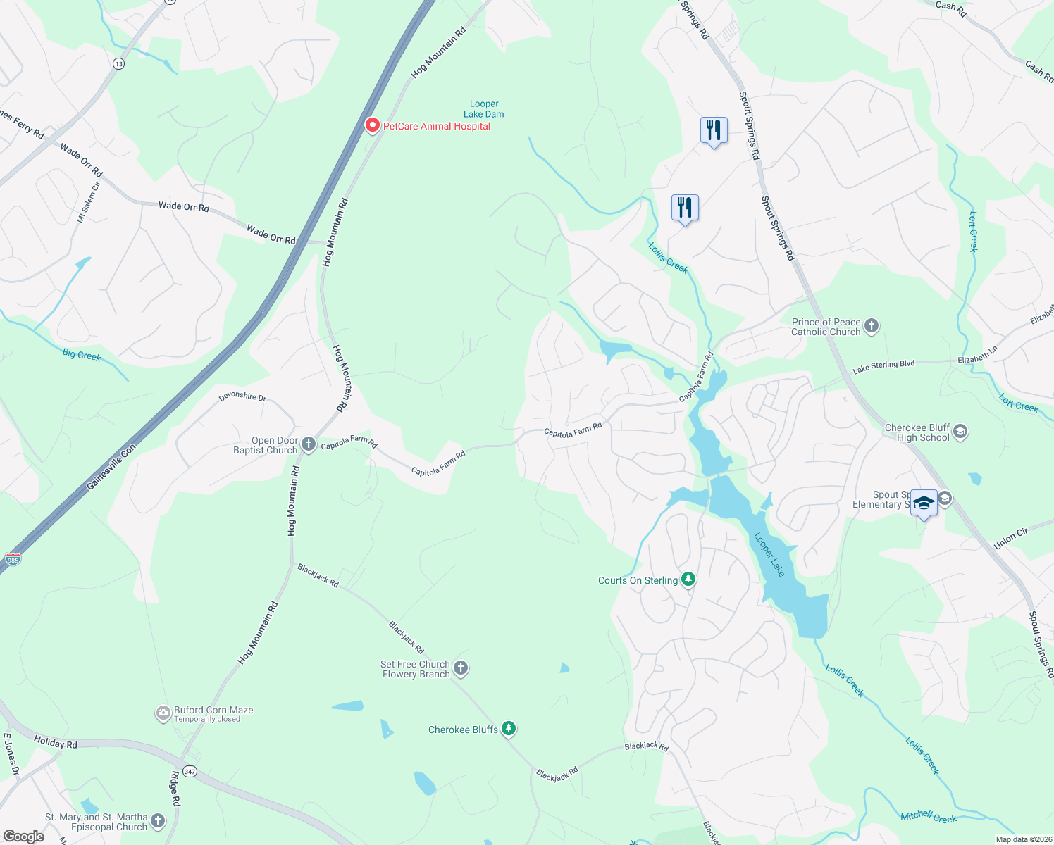 map of restaurants, bars, coffee shops, grocery stores, and more near 6712 Capitola Farm Road in Flowery Branch