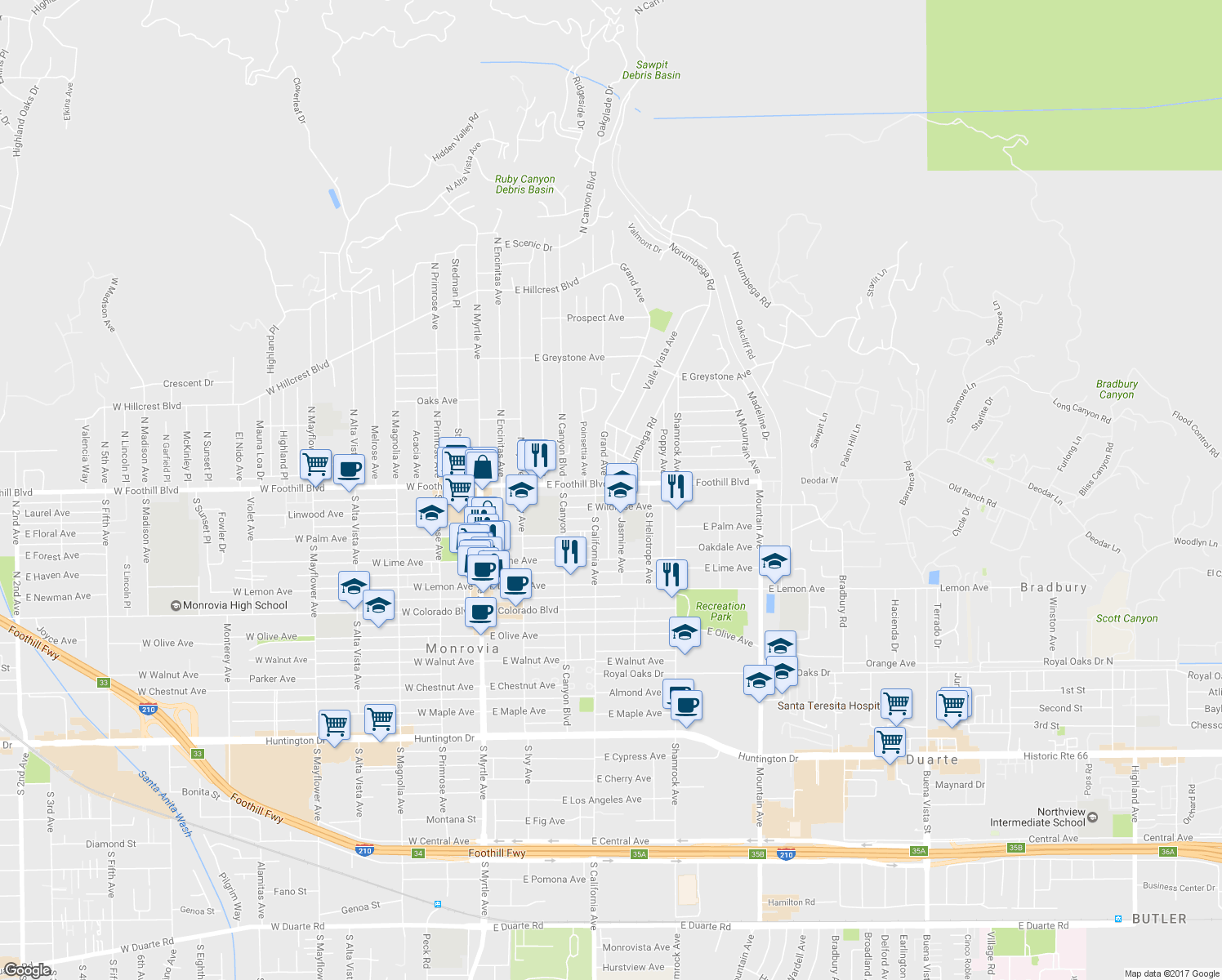 map of restaurants, bars, coffee shops, grocery stores, and more near 420 E Foothill Blvd in Monrovia