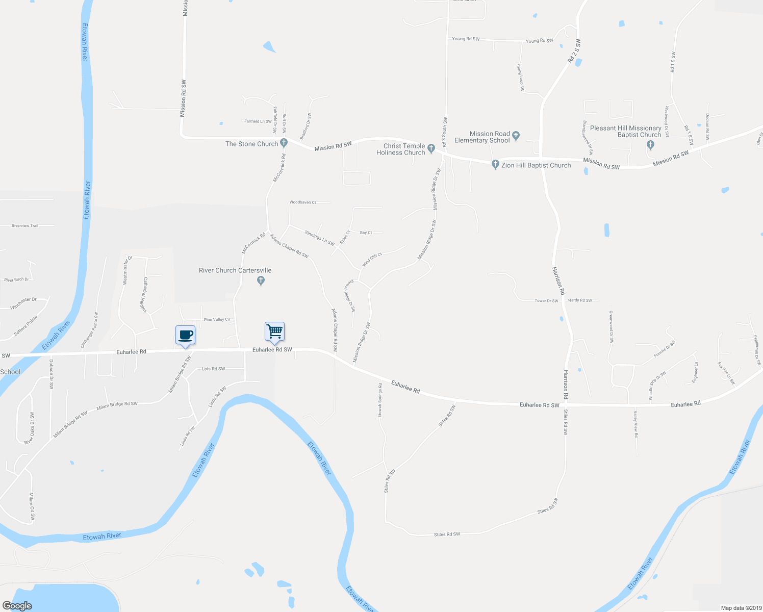 map of restaurants, bars, coffee shops, grocery stores, and more near 69 Mission Ridge Drive Southwest in Cartersville