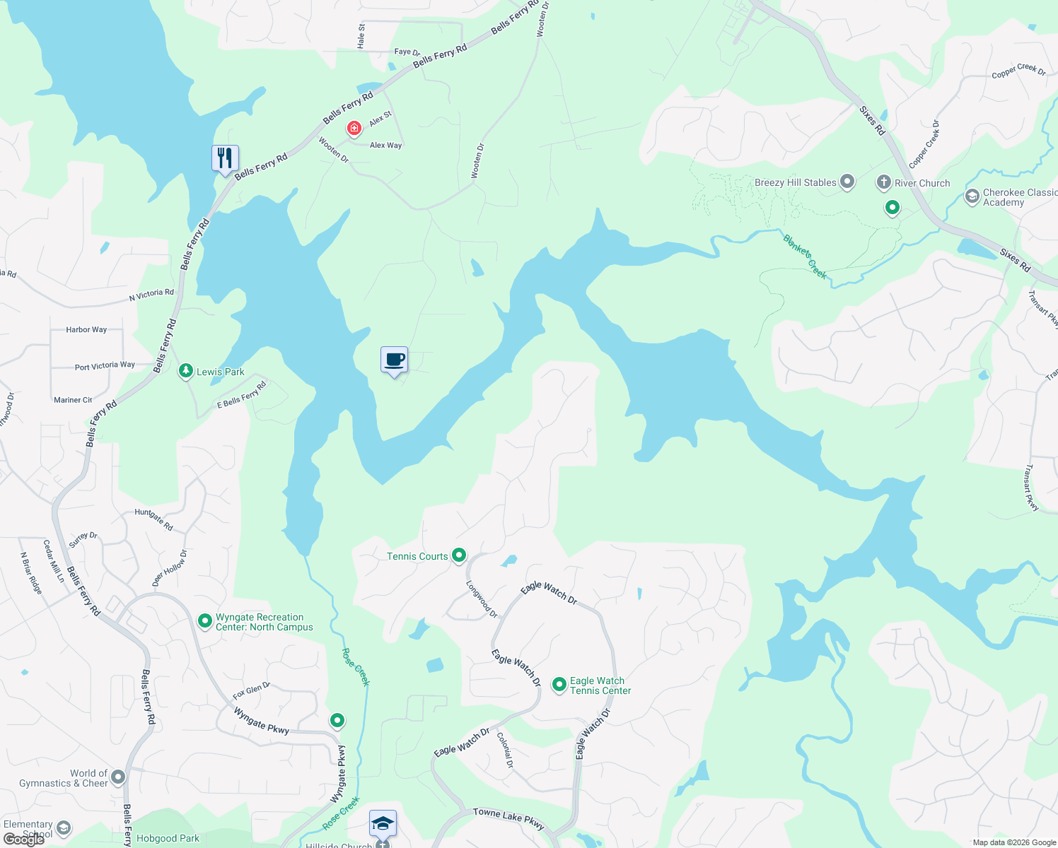 map of restaurants, bars, coffee shops, grocery stores, and more near 506 Scenic Way in Woodstock