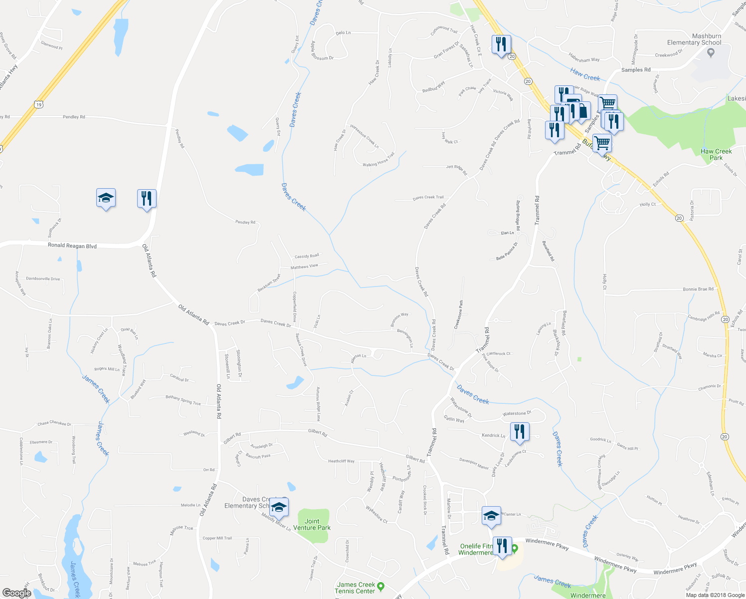 map of restaurants, bars, coffee shops, grocery stores, and more near 2141 Vicki Ln in Cumming
