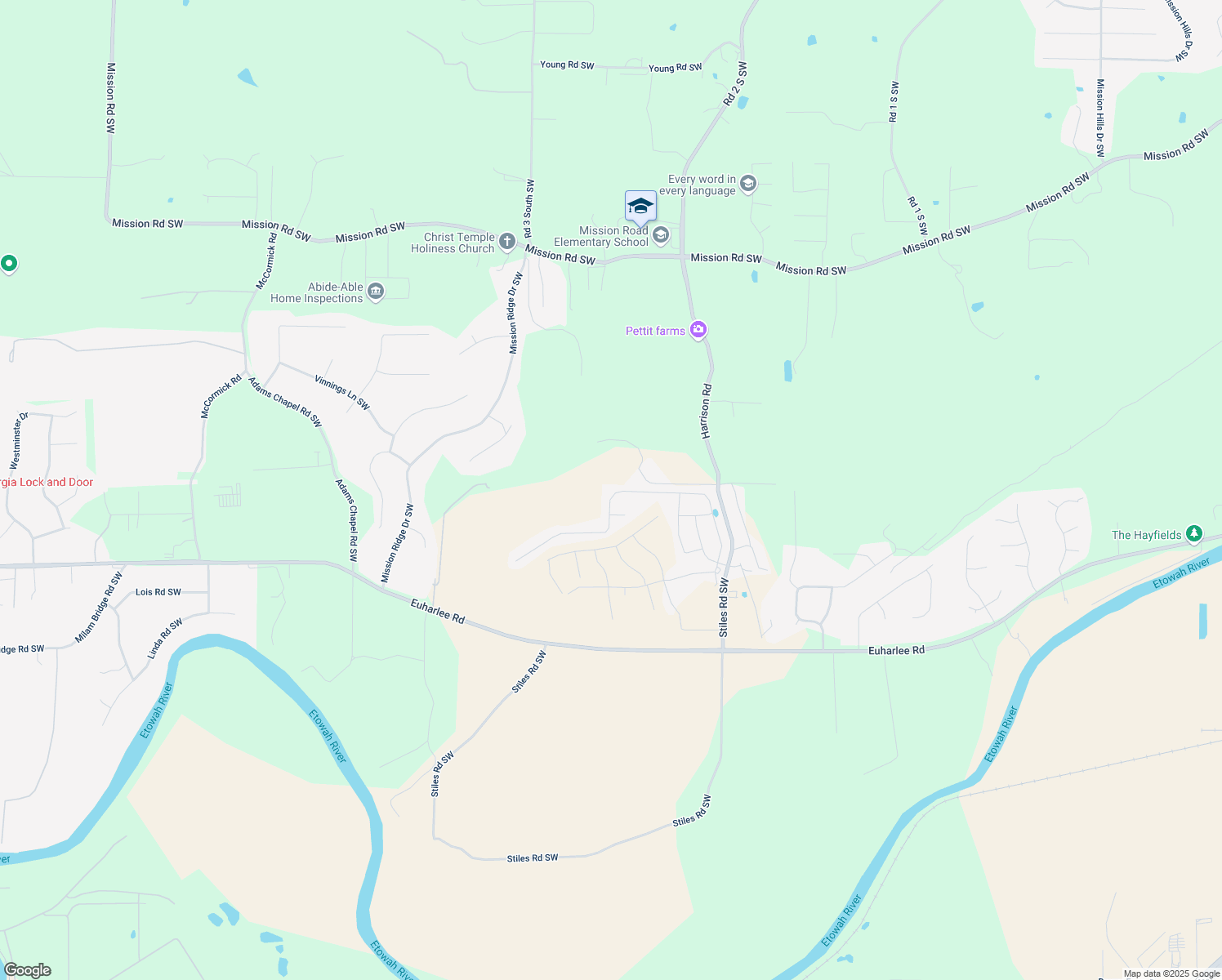 map of restaurants, bars, coffee shops, grocery stores, and more near 174 Malbone Street Southwest in Euharlee