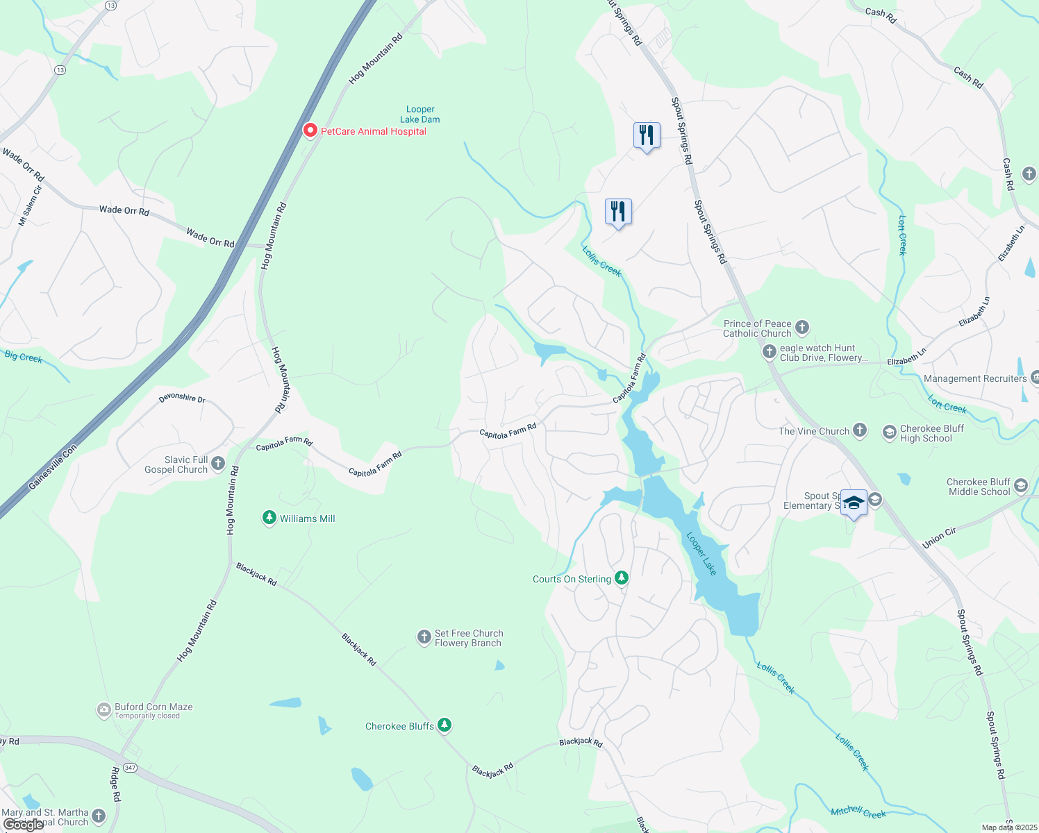 map of restaurants, bars, coffee shops, grocery stores, and more near 6628 Rivergreen Road in Flowery Branch