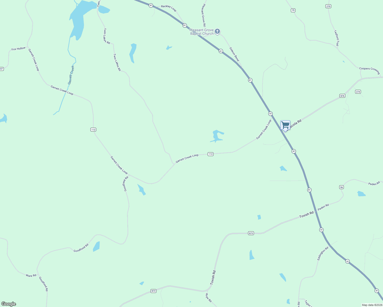 map of restaurants, bars, coffee shops, grocery stores, and more near 3611 Garrett Creek Loop in Pontotoc