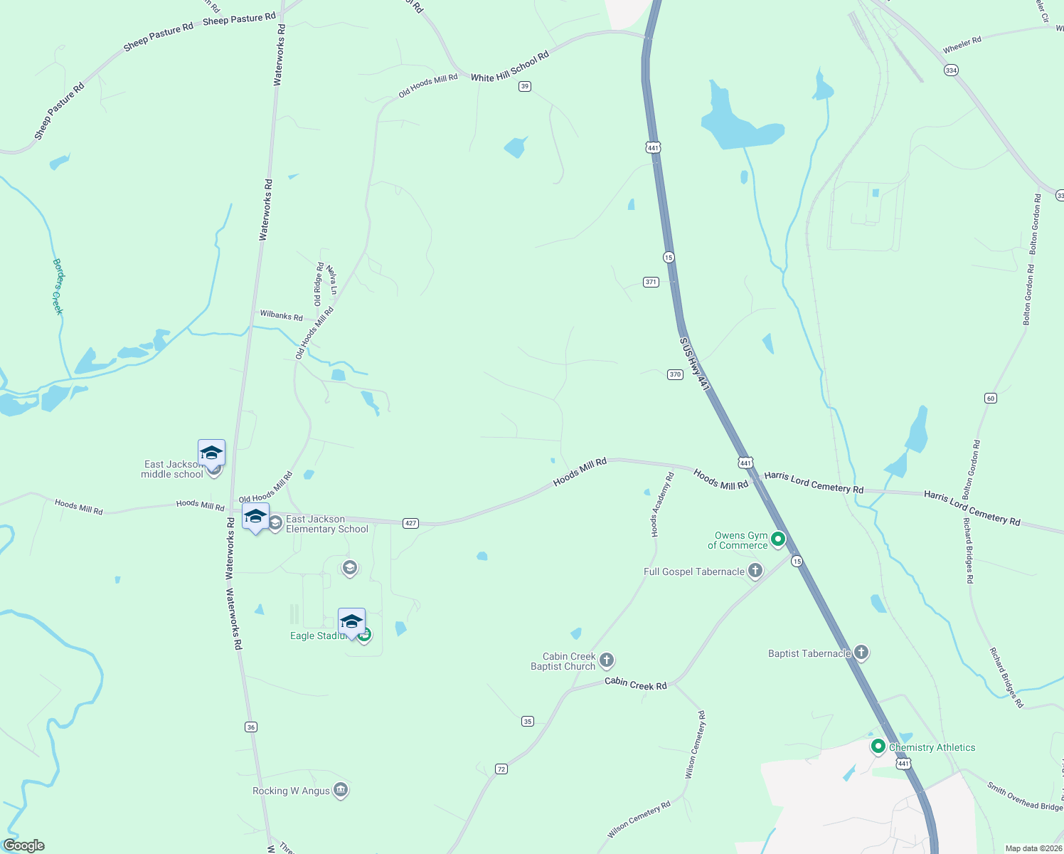 map of restaurants, bars, coffee shops, grocery stores, and more near 104 Millside Court in Commerce