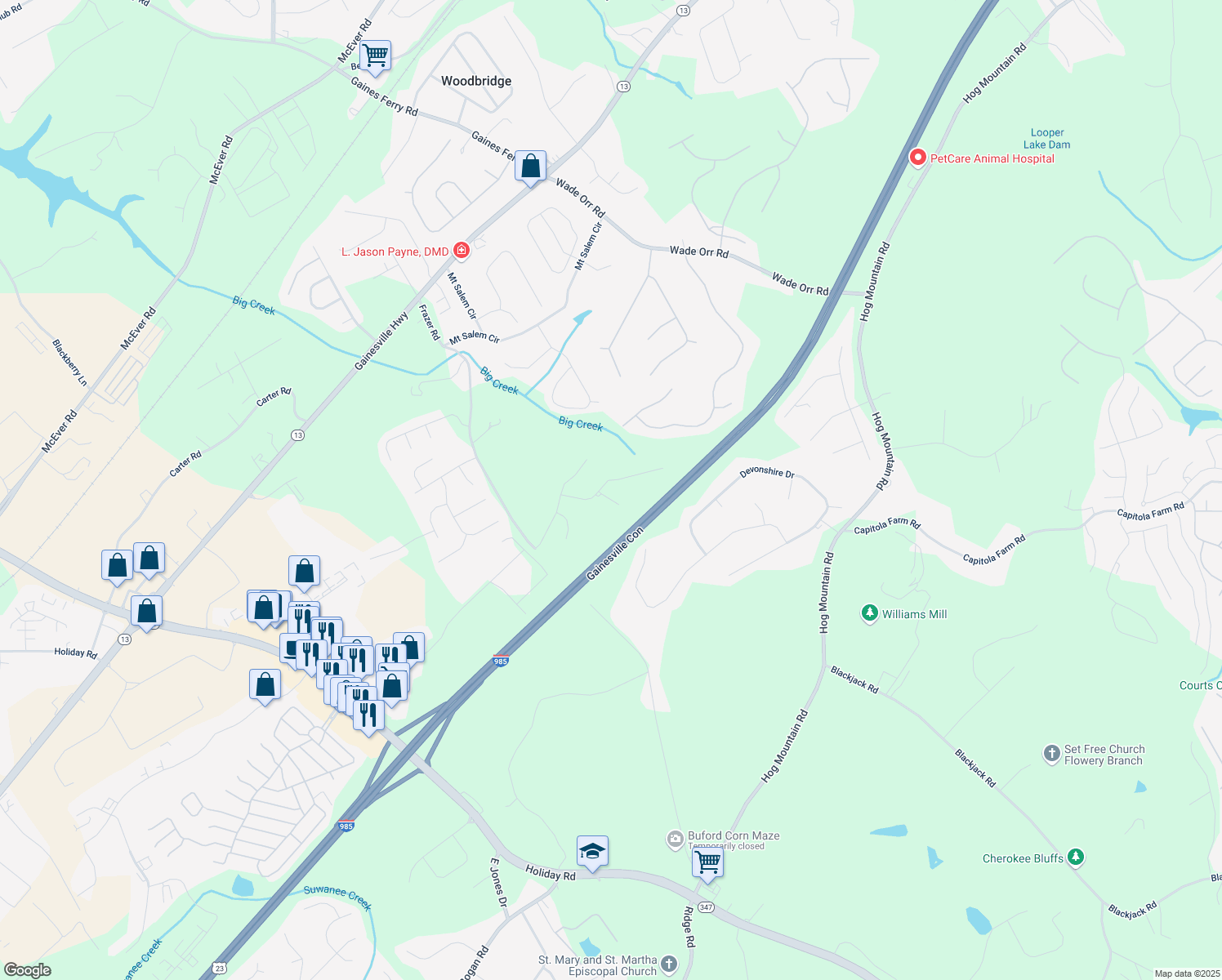 map of restaurants, bars, coffee shops, grocery stores, and more near 5540 Wood Falls Drive in Flowery Branch