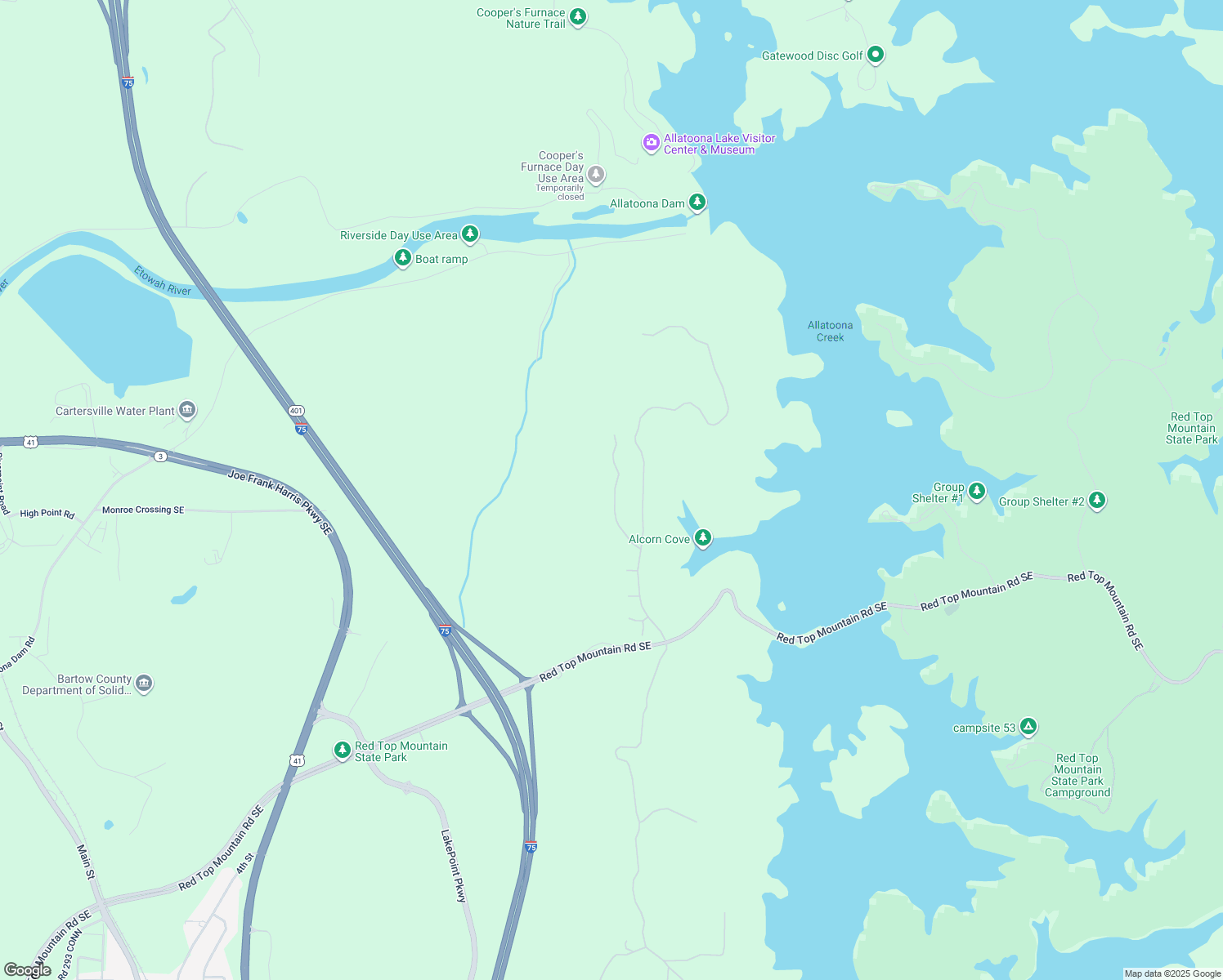 map of restaurants, bars, coffee shops, grocery stores, and more near 23 Sunset Ridge in Cartersville