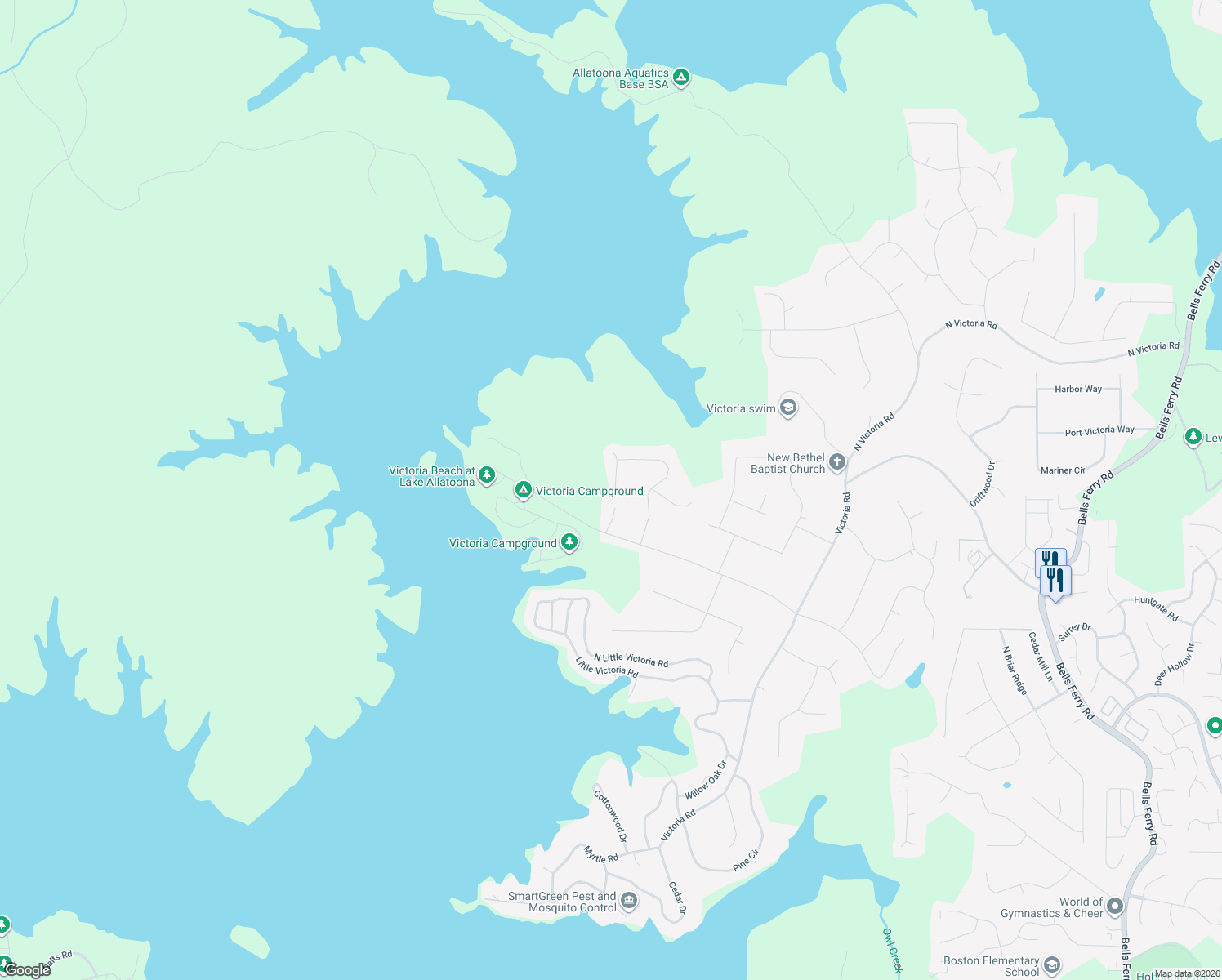 map of restaurants, bars, coffee shops, grocery stores, and more near 605 Lovinggood Trail in Woodstock