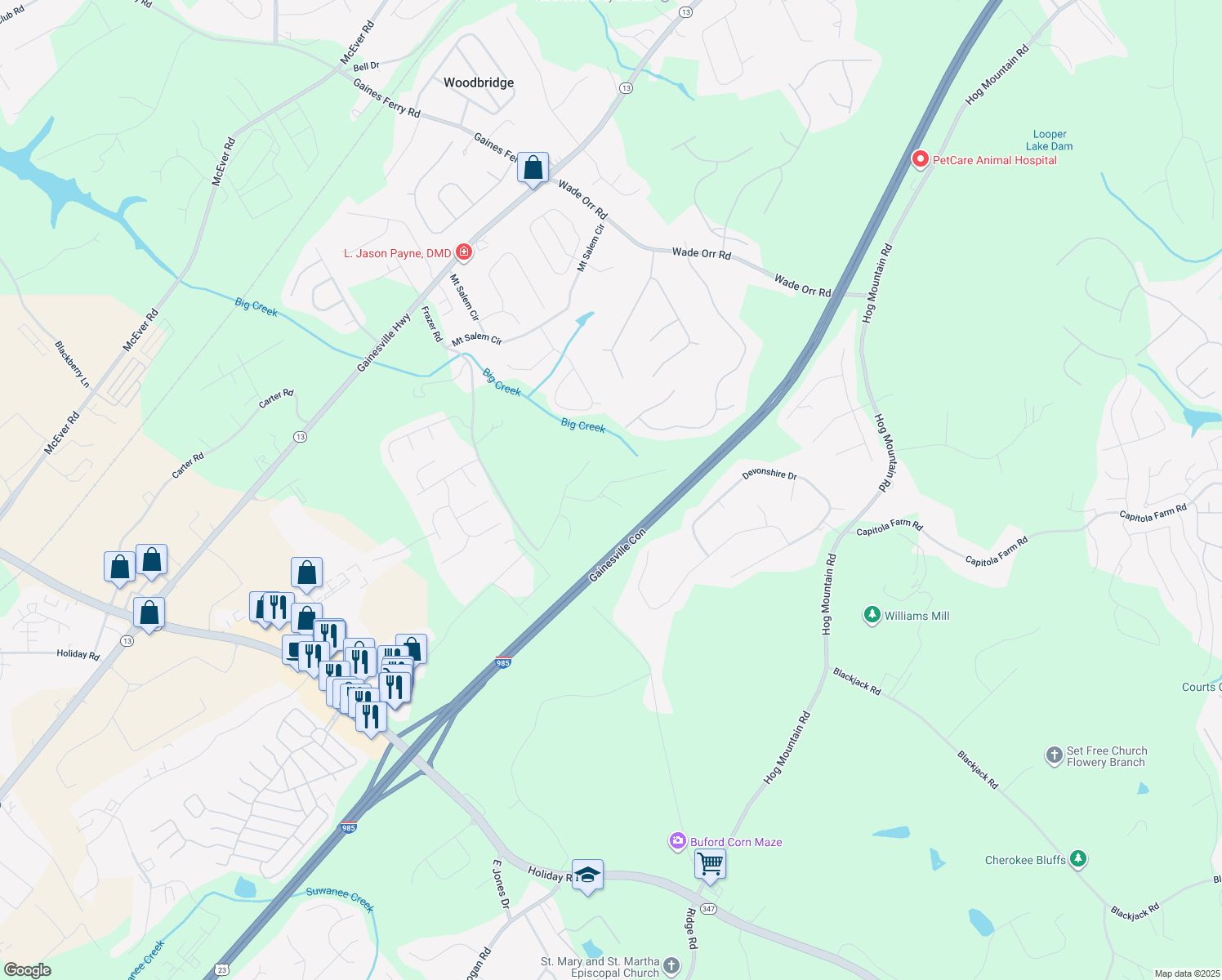 map of restaurants, bars, coffee shops, grocery stores, and more near 5540 Wood Falls Drive in Flowery Branch