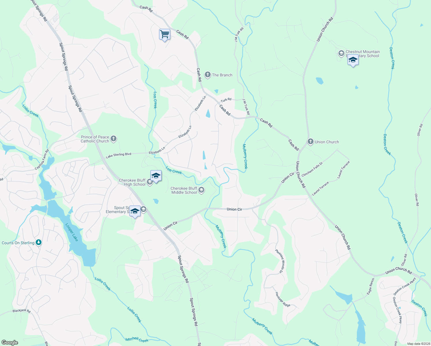 map of restaurants, bars, coffee shops, grocery stores, and more near 5310 Mulberry Bend Court in Flowery Branch