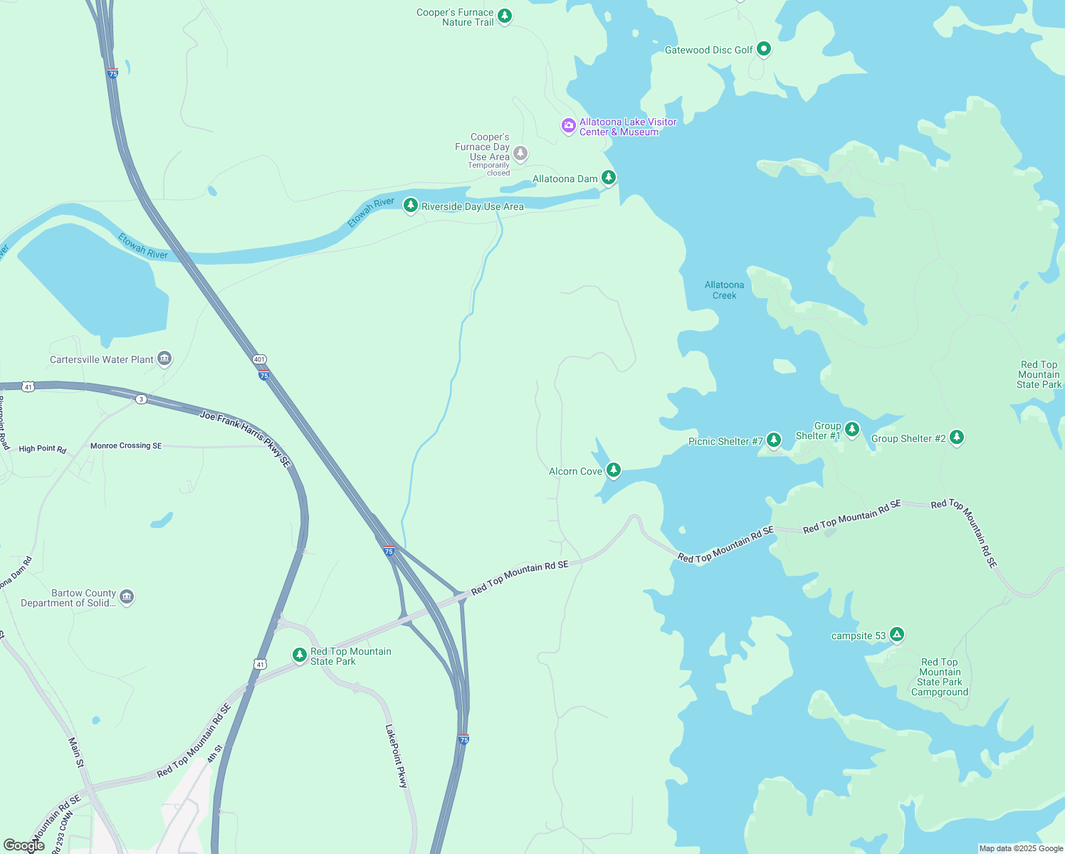 map of restaurants, bars, coffee shops, grocery stores, and more near 23 Sunset Ridge in Cartersville