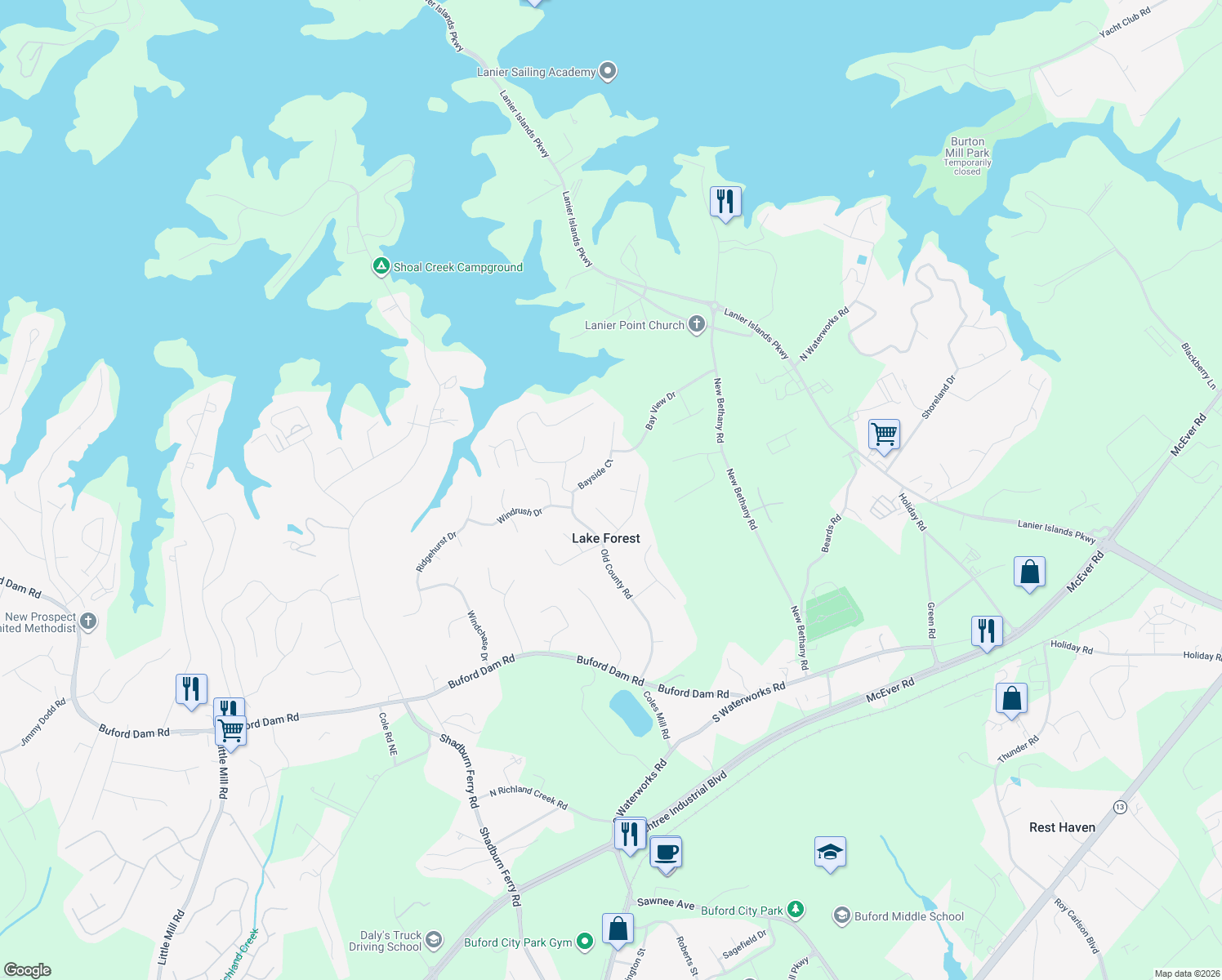 map of restaurants, bars, coffee shops, grocery stores, and more near 5855 Brookside Ct in Buford