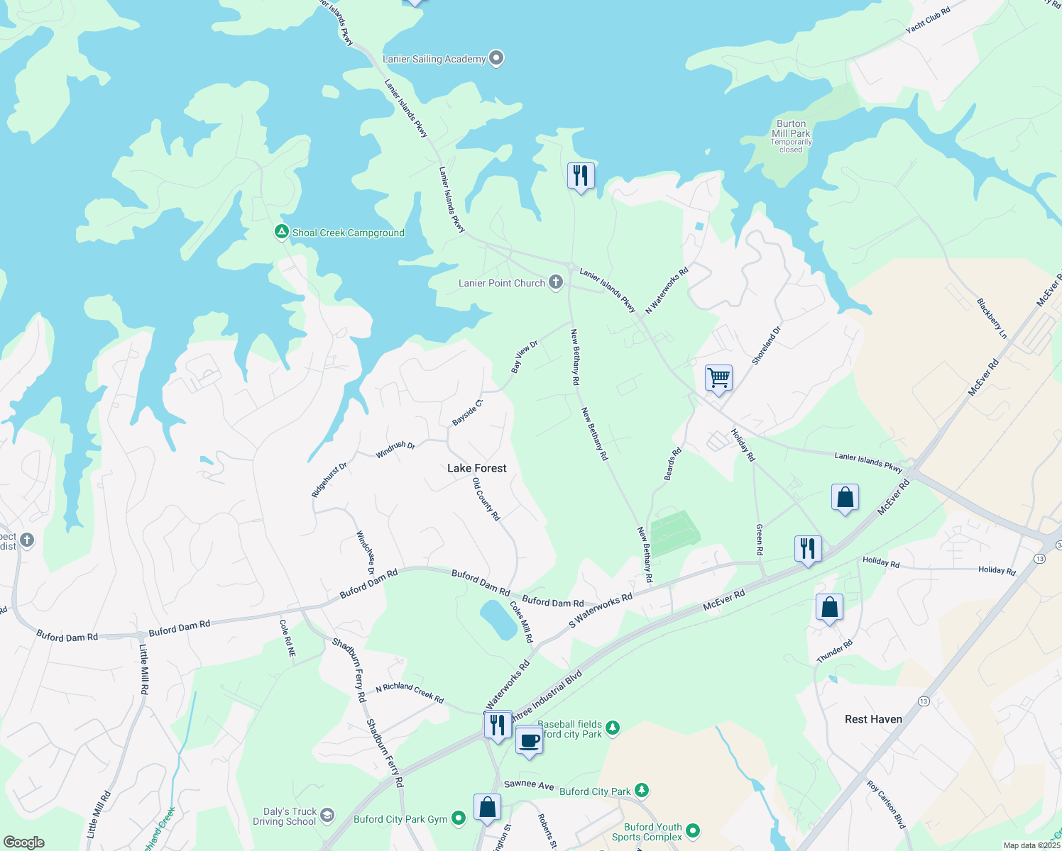 map of restaurants, bars, coffee shops, grocery stores, and more near 6350 Old Wood Hollow Way in Buford