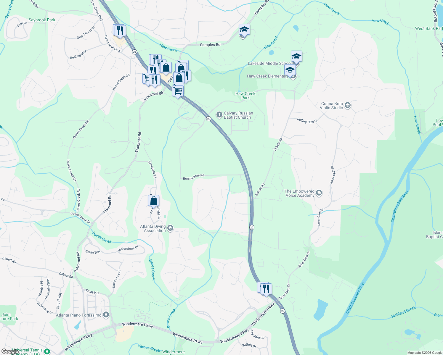 map of restaurants, bars, coffee shops, grocery stores, and more near 2405 Bonnie Brae Road in Cumming