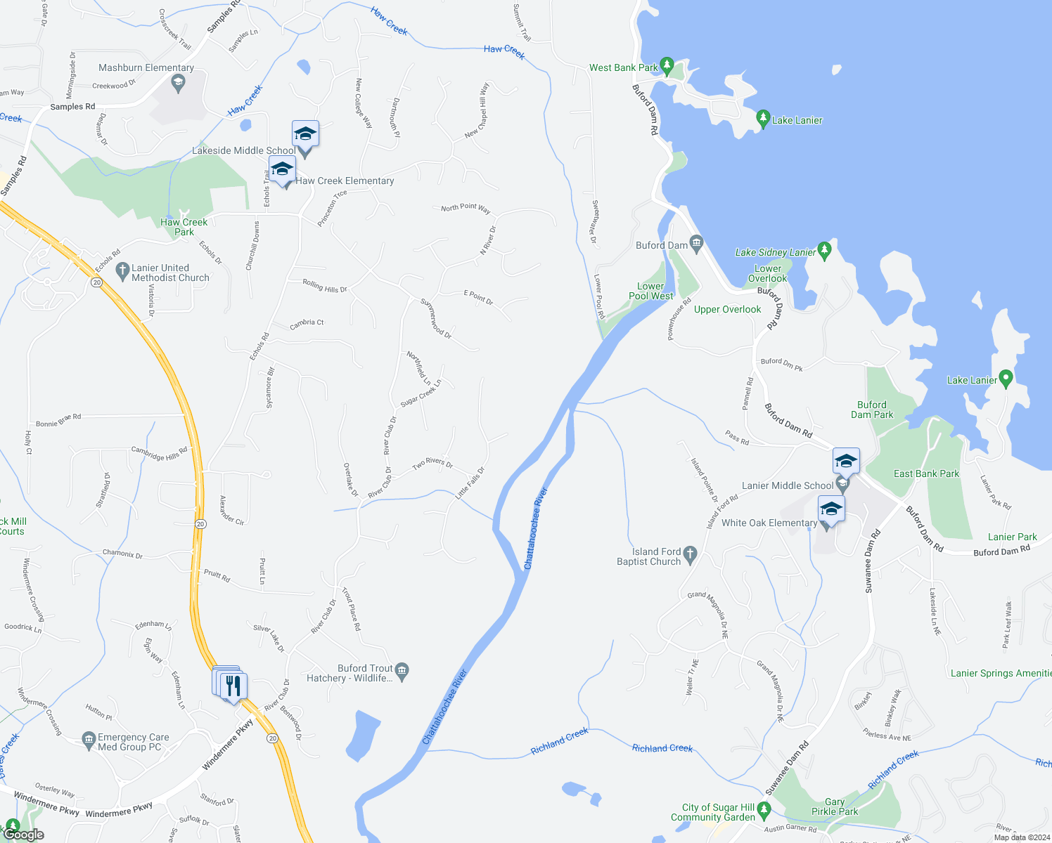 map of restaurants, bars, coffee shops, grocery stores, and more near 3965 River Run Court in Cumming