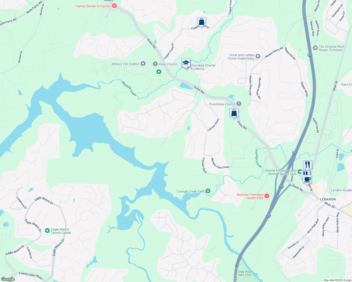 map of restaurants, bars, coffee shops, grocery stores, and more near 325 William Falls Drive in Canton