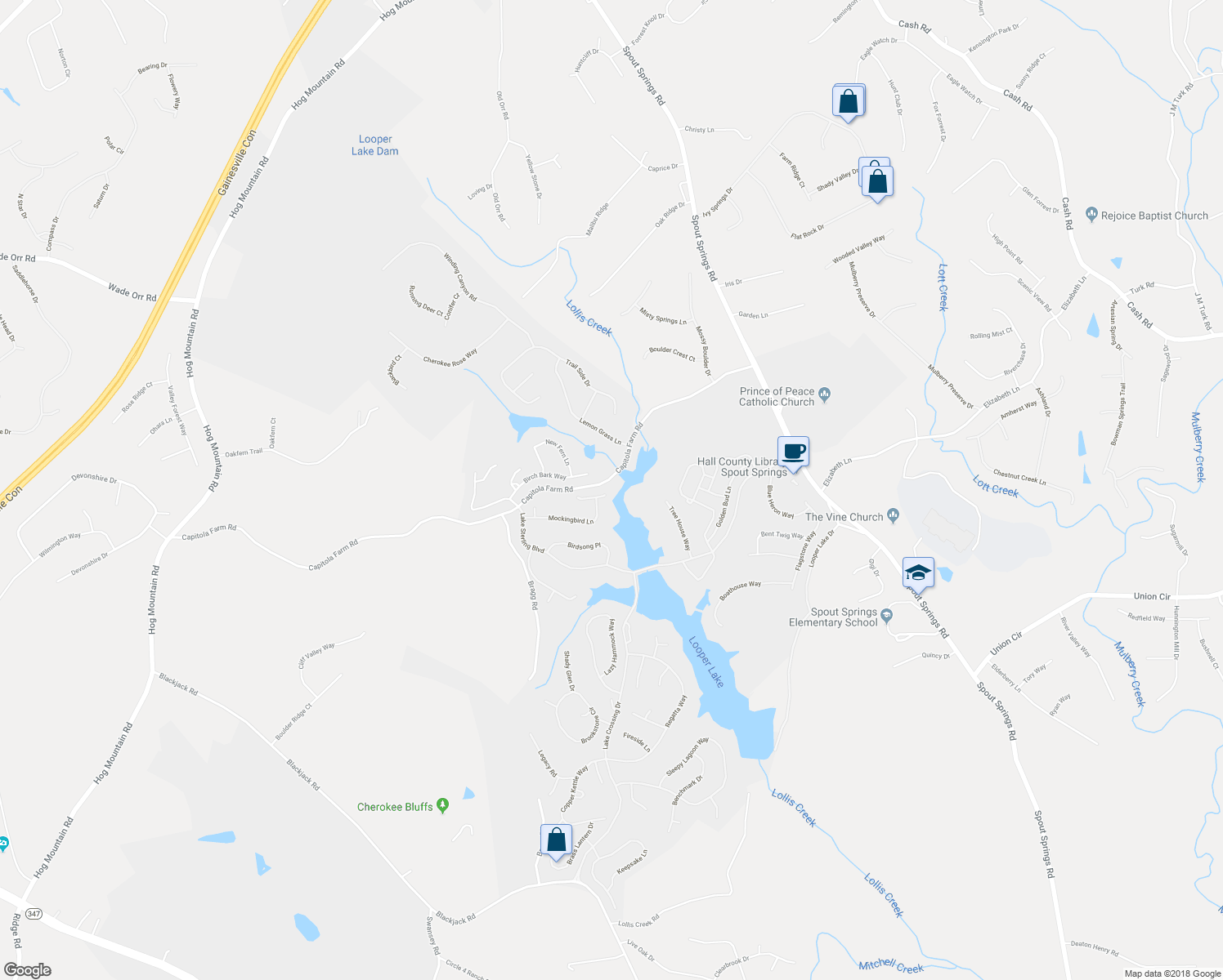 map of restaurants, bars, coffee shops, grocery stores, and more near 7504 Breezy Lake Lane in Flowery Branch