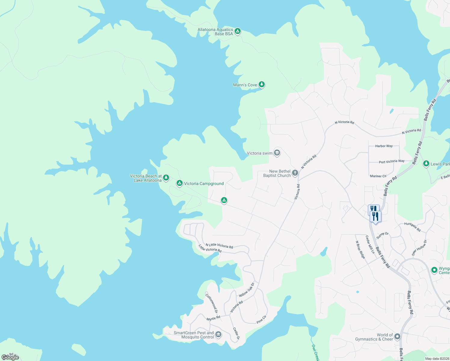map of restaurants, bars, coffee shops, grocery stores, and more near 409 Lovinggood Landing Drive in Woodstock