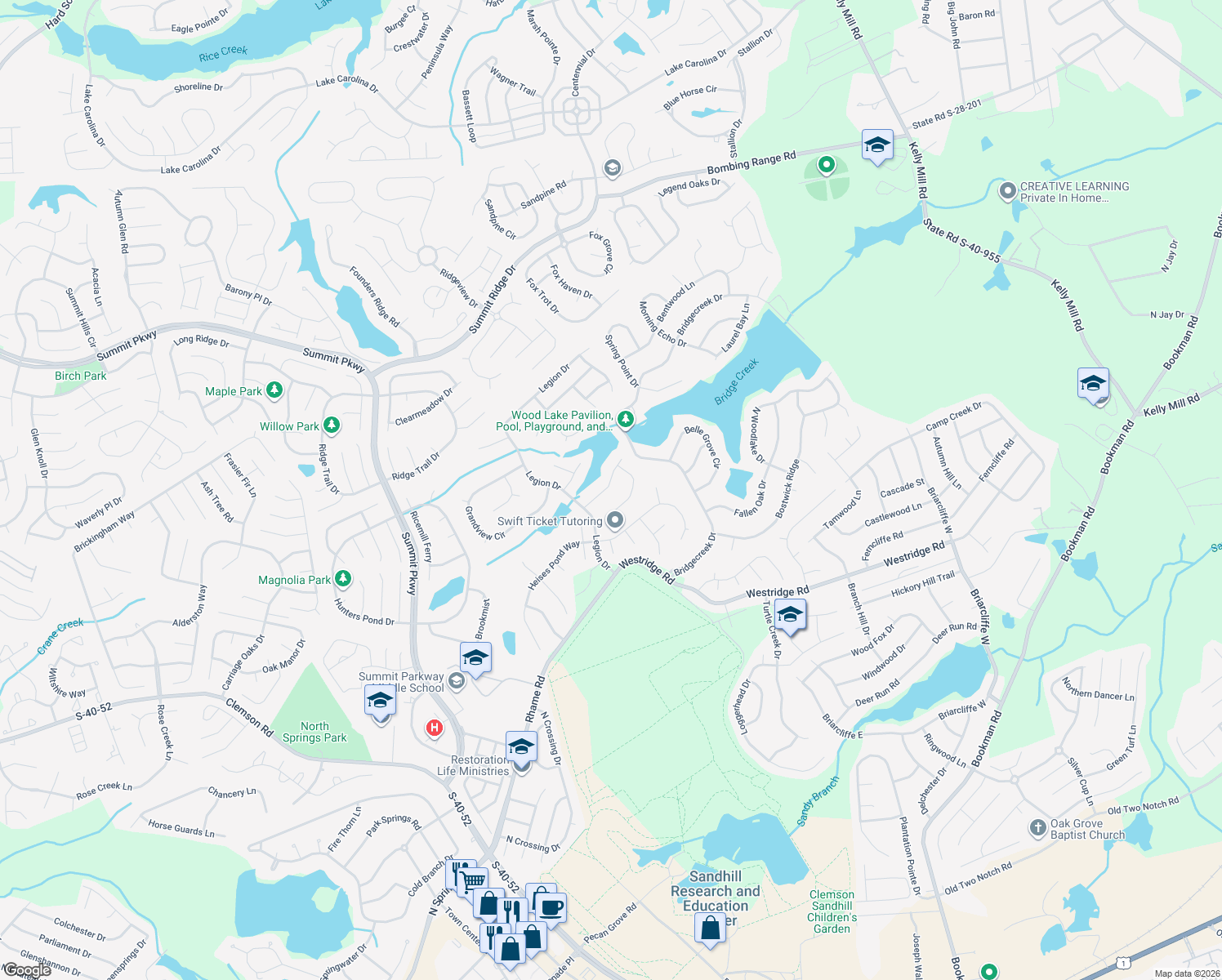 map of restaurants, bars, coffee shops, grocery stores, and more near 116 Sandy Lake Road in Columbia