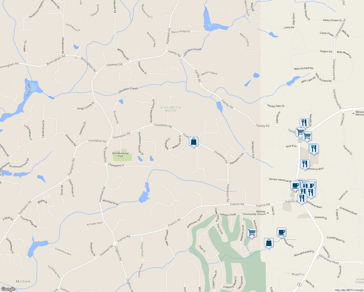 map of restaurants, bars, coffee shops, grocery stores, and more near 530 Watboro Hill Dr in Alpharetta