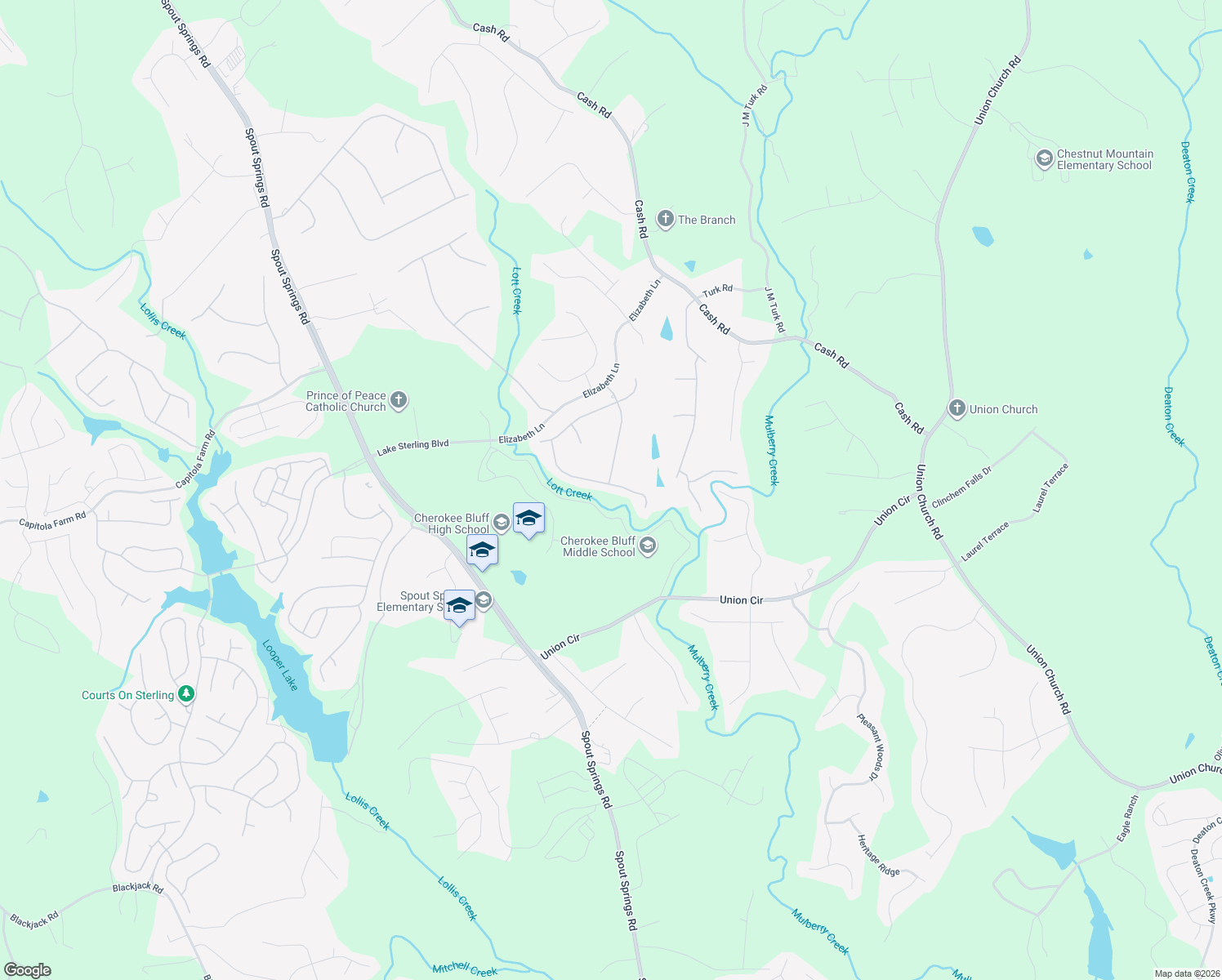 map of restaurants, bars, coffee shops, grocery stores, and more near 5558 Chestnut Creek Lane in Flowery Branch
