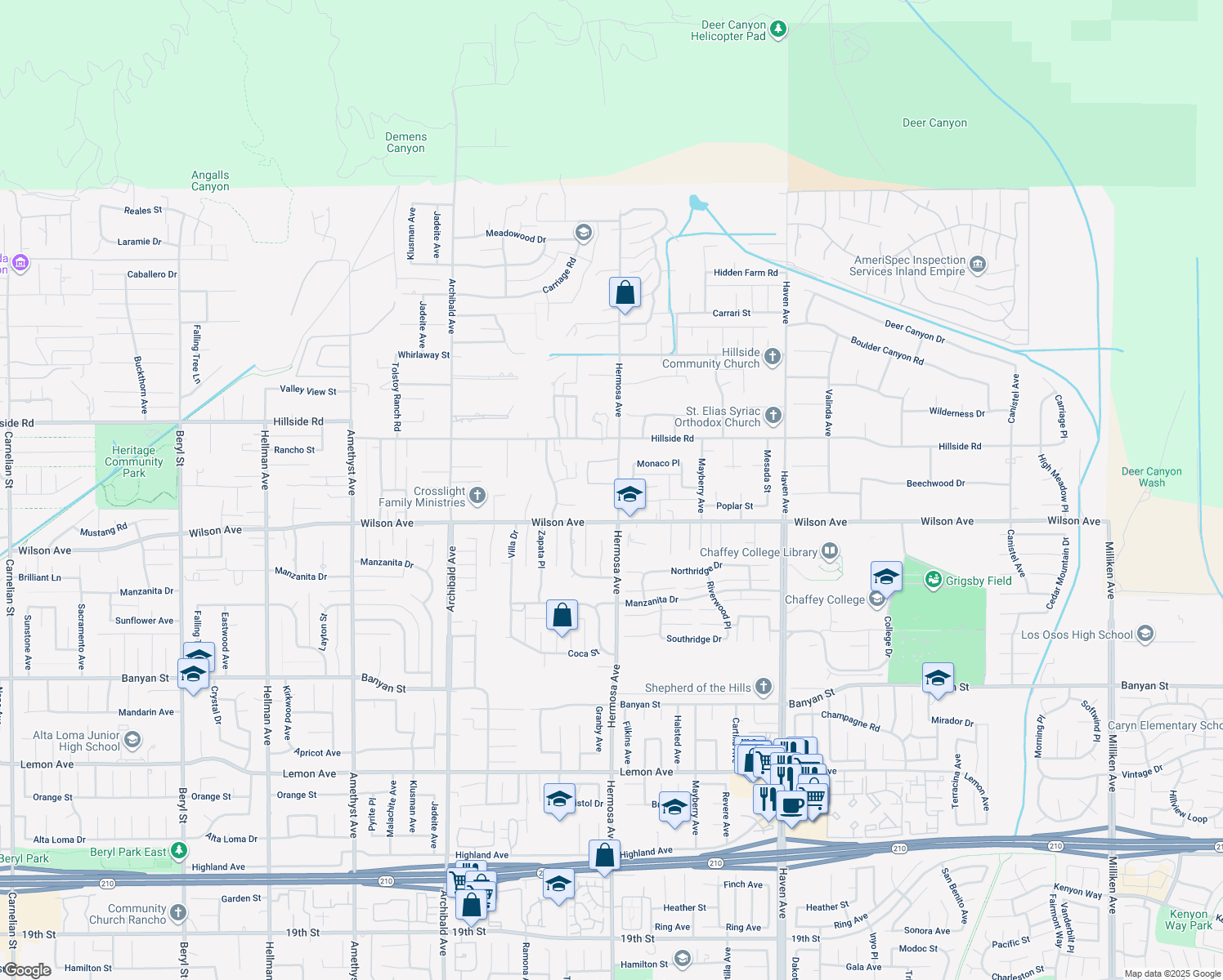 map of restaurants, bars, coffee shops, grocery stores, and more near 10081 Waterford Lane in Rancho Cucamonga