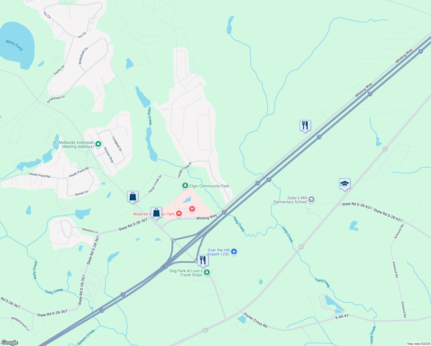 map of restaurants, bars, coffee shops, grocery stores, and more near 60 Ole Still Lane in Elgin