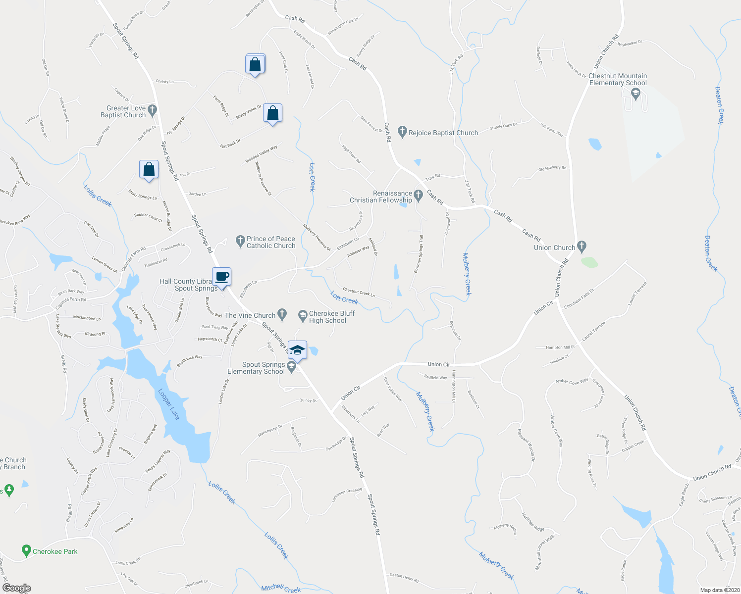 map of restaurants, bars, coffee shops, grocery stores, and more near 5558 Chestnut Creek Lane in Flowery Branch