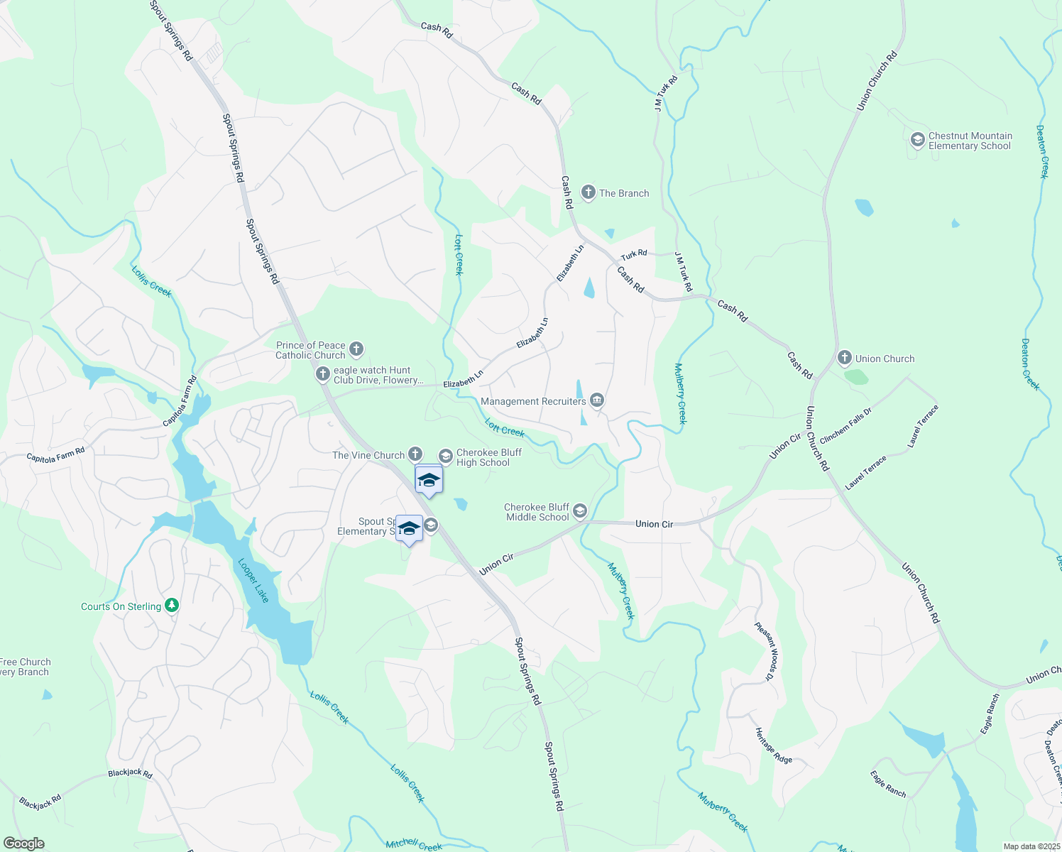 map of restaurants, bars, coffee shops, grocery stores, and more near 5550 Chestnut Creek Lane in Flowery Branch