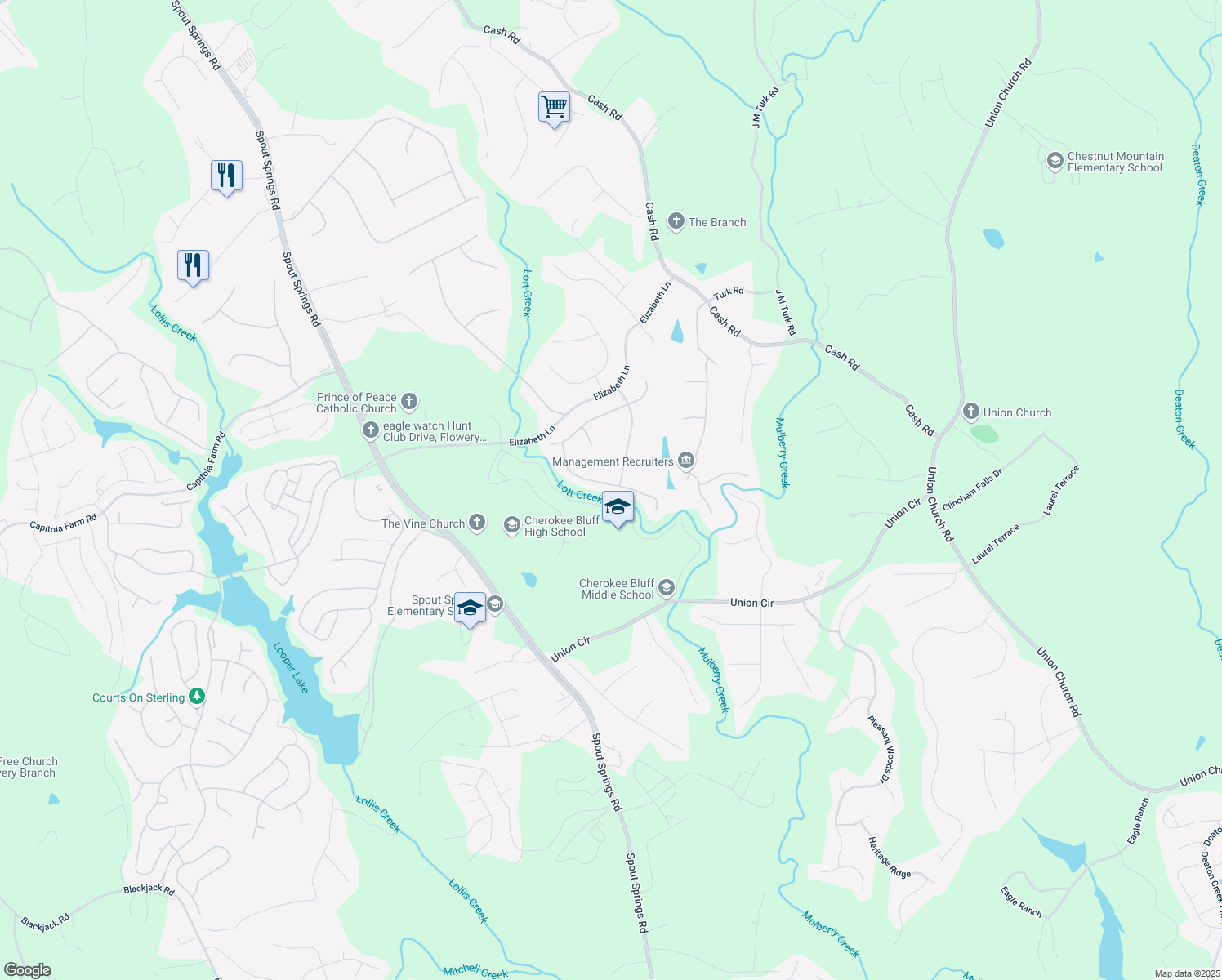 map of restaurants, bars, coffee shops, grocery stores, and more near 5550 Chestnut Creek Lane in Flowery Branch
