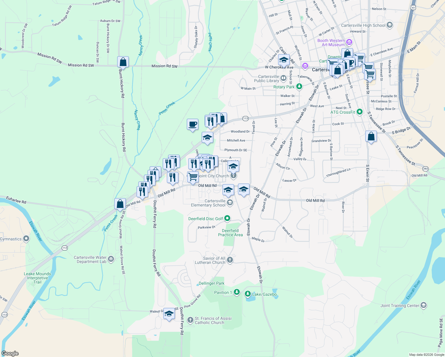 map of restaurants, bars, coffee shops, grocery stores, and more near 17 Greenway Ln in Cartersville