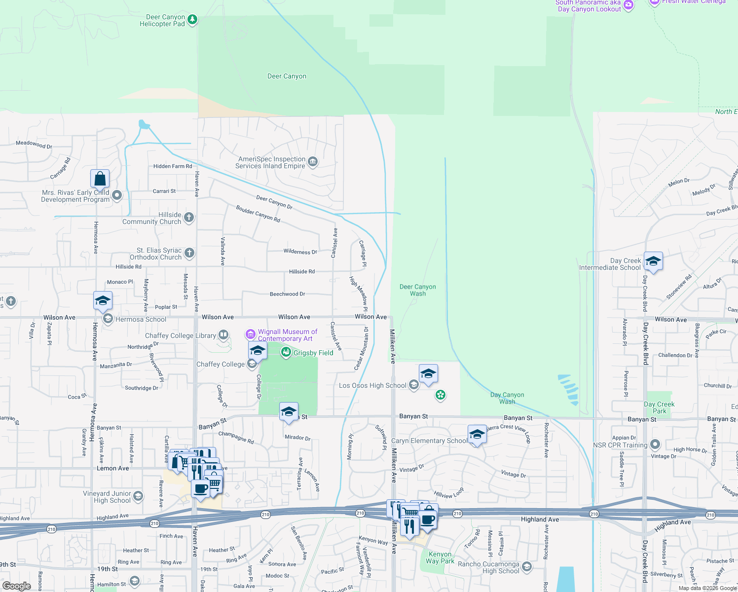 map of restaurants, bars, coffee shops, grocery stores, and more near 5635 High Meadow Place in Rancho Cucamonga