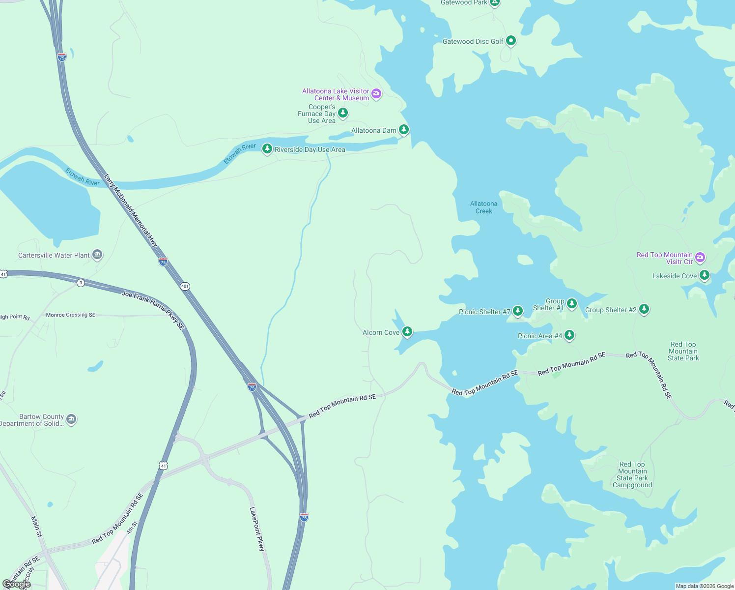 map of restaurants, bars, coffee shops, grocery stores, and more near 45 Somerset Lane in Cartersville