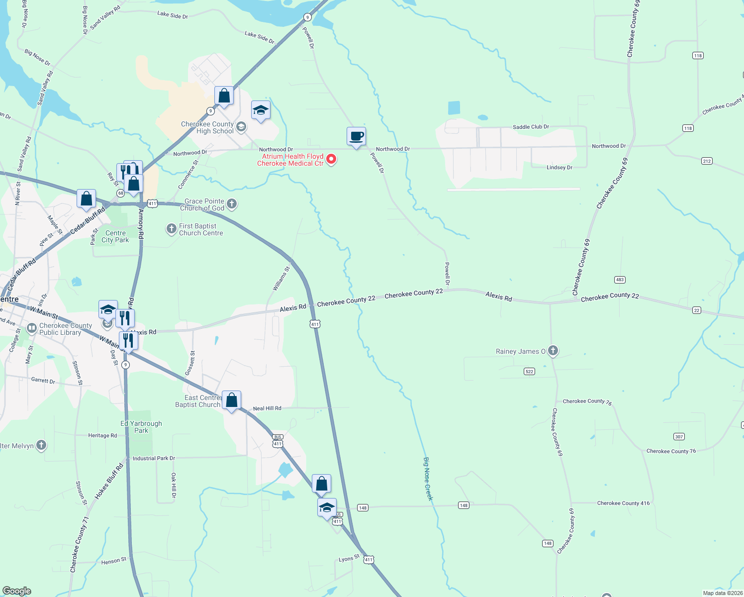 map of restaurants, bars, coffee shops, grocery stores, and more near Cherokee County 22 in Centre