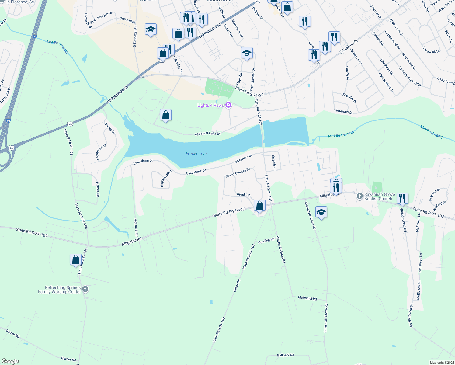 map of restaurants, bars, coffee shops, grocery stores, and more near 3321 Young-Charles Drive in Florence