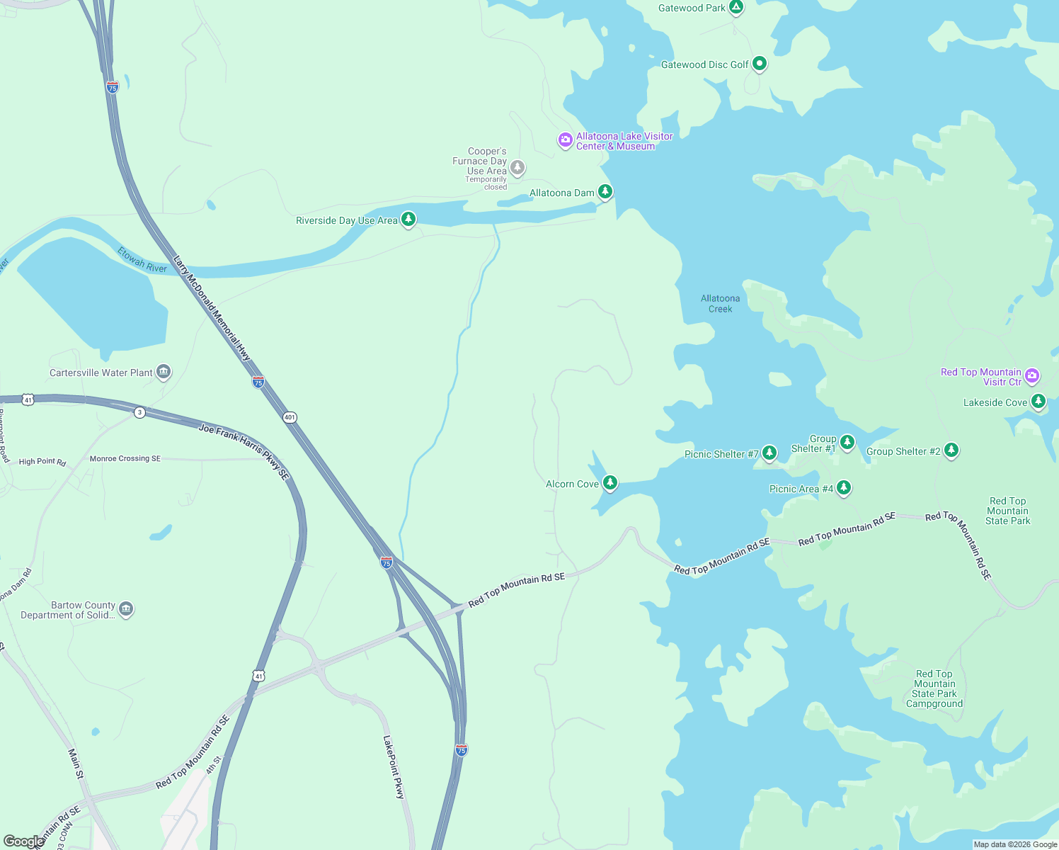 map of restaurants, bars, coffee shops, grocery stores, and more near 25 Sunset Ridge in Cartersville