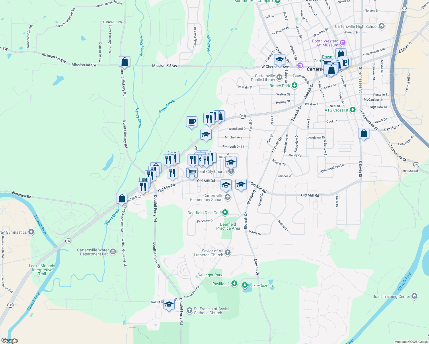 map of restaurants, bars, coffee shops, grocery stores, and more near 16 Courtyard Lane in Cartersville
