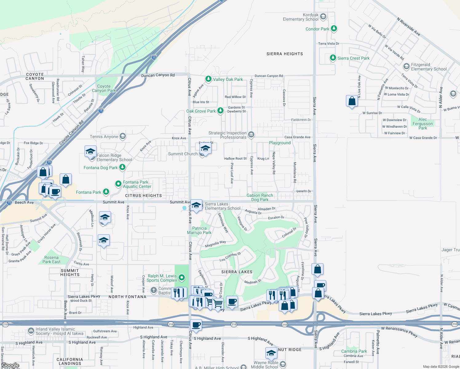 map of restaurants, bars, coffee shops, grocery stores, and more near 5586 Pine Leaf Avenue in Fontana