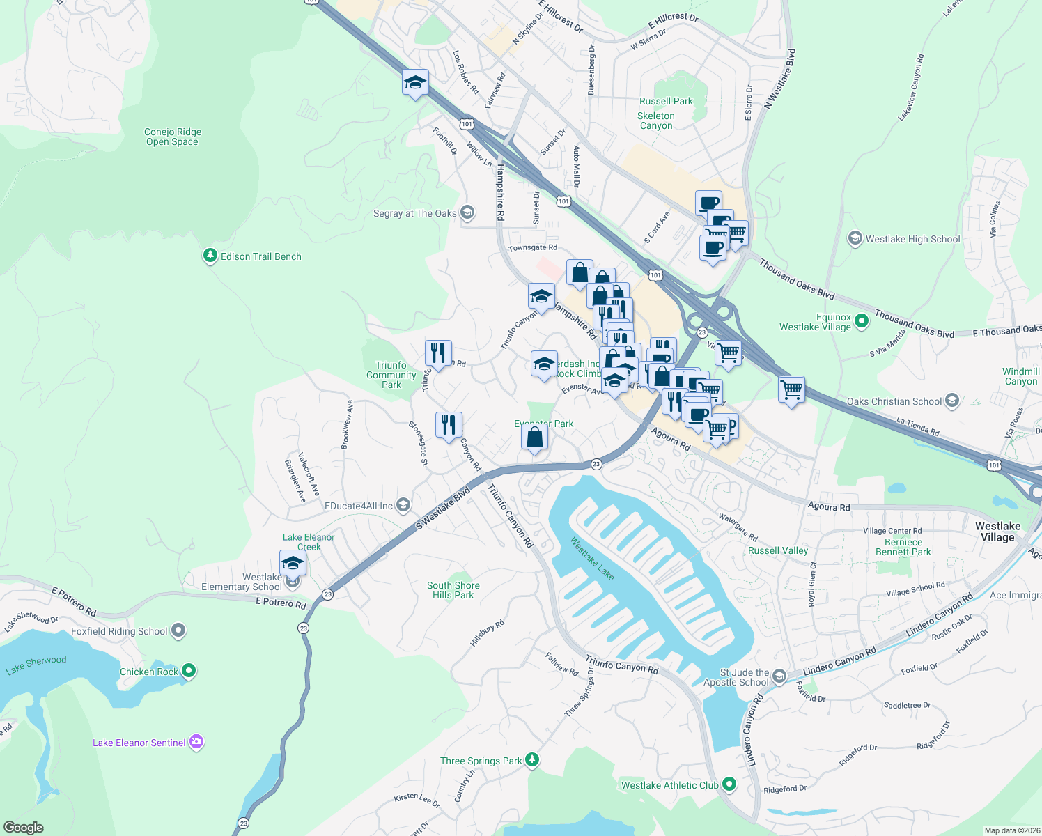 map of restaurants, bars, coffee shops, grocery stores, and more near 976 Ranch House Road in Westlake Village