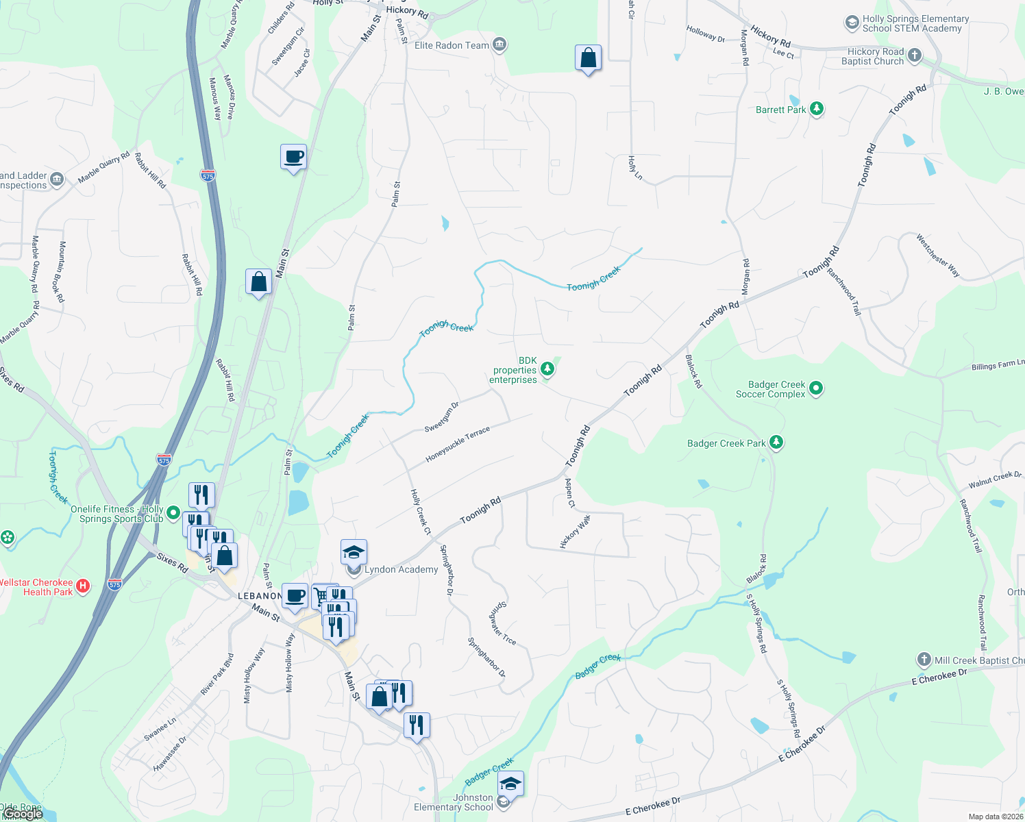 map of restaurants, bars, coffee shops, grocery stores, and more near 500 Honeysuckle Ln in Woodstock