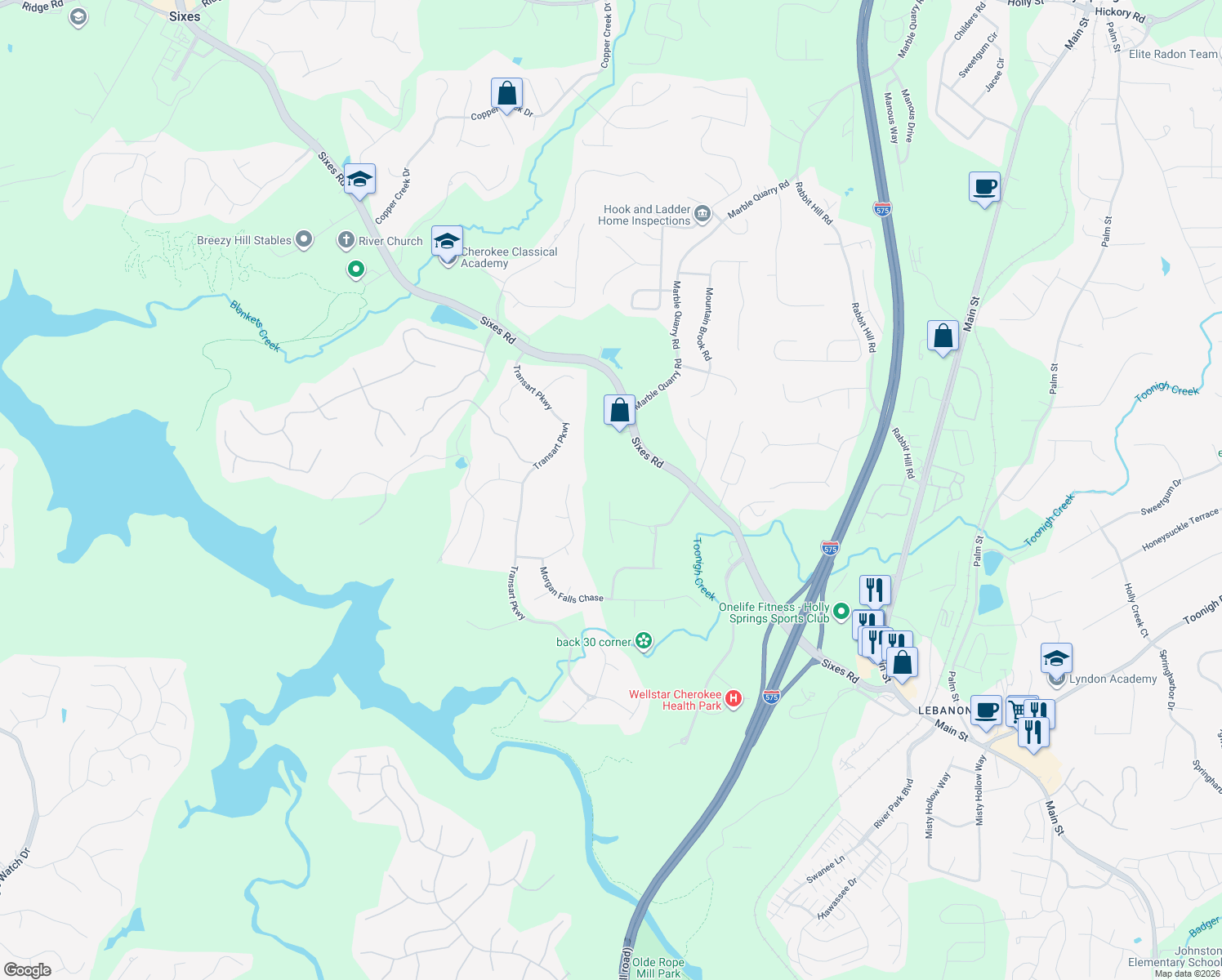 map of restaurants, bars, coffee shops, grocery stores, and more near 524 Sackman Falls Court in Canton